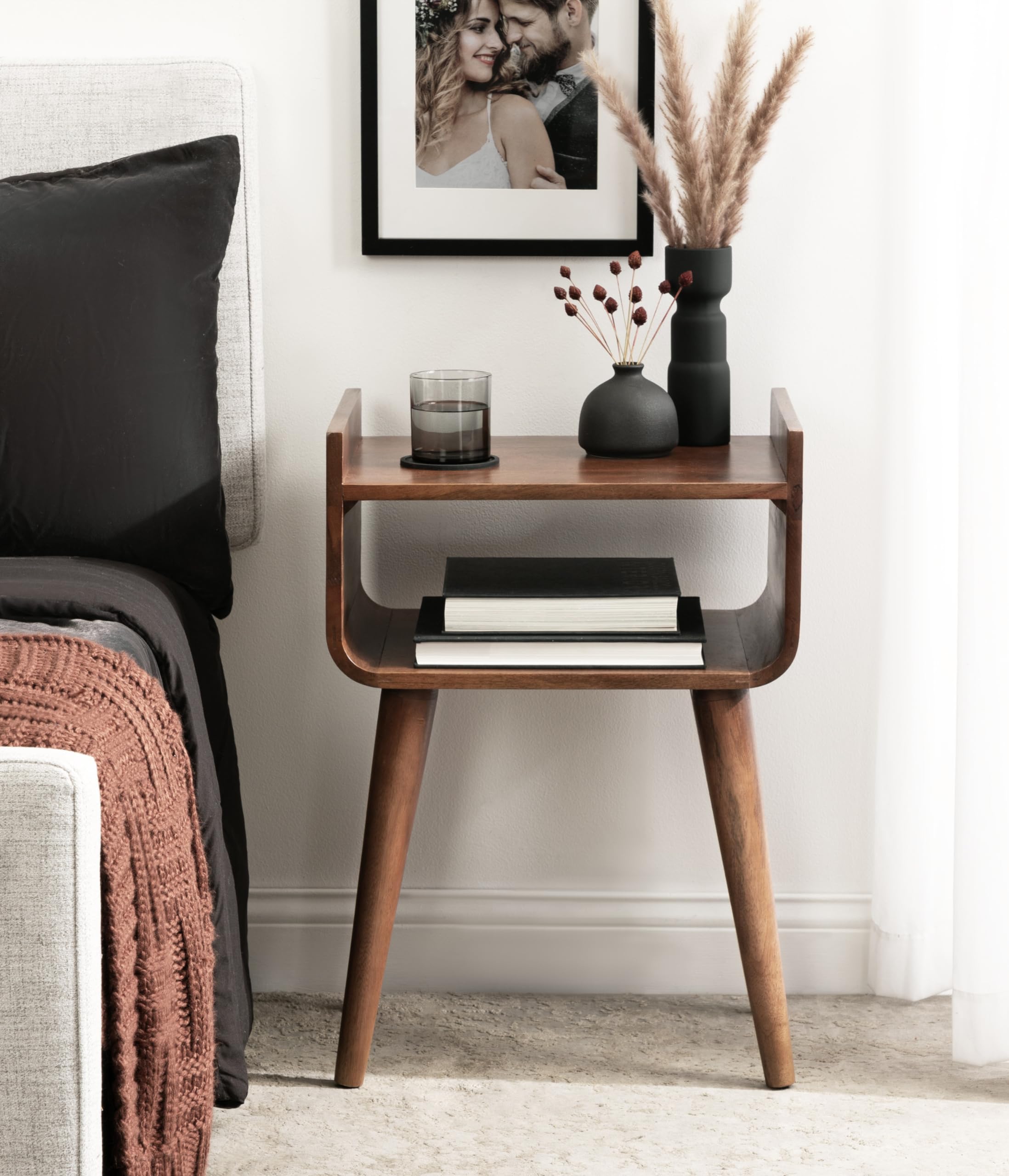 Kate and Laurel Quilby Mid-Century Living Room Side Table with Storage, 18 x 14 x 27, Walnut Brown, Wooden Bedroom Nightstand with Tapered Legs and Bedside Table Storage
