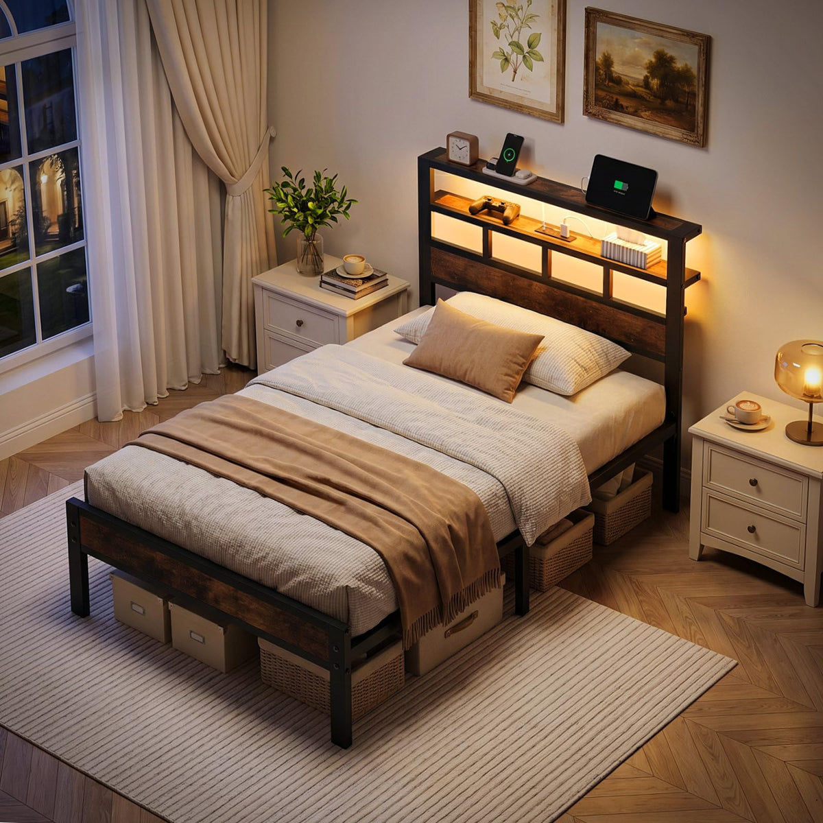 Insdiy Twin Bed Frame with Charging Station and LED, Metal Platform Bed