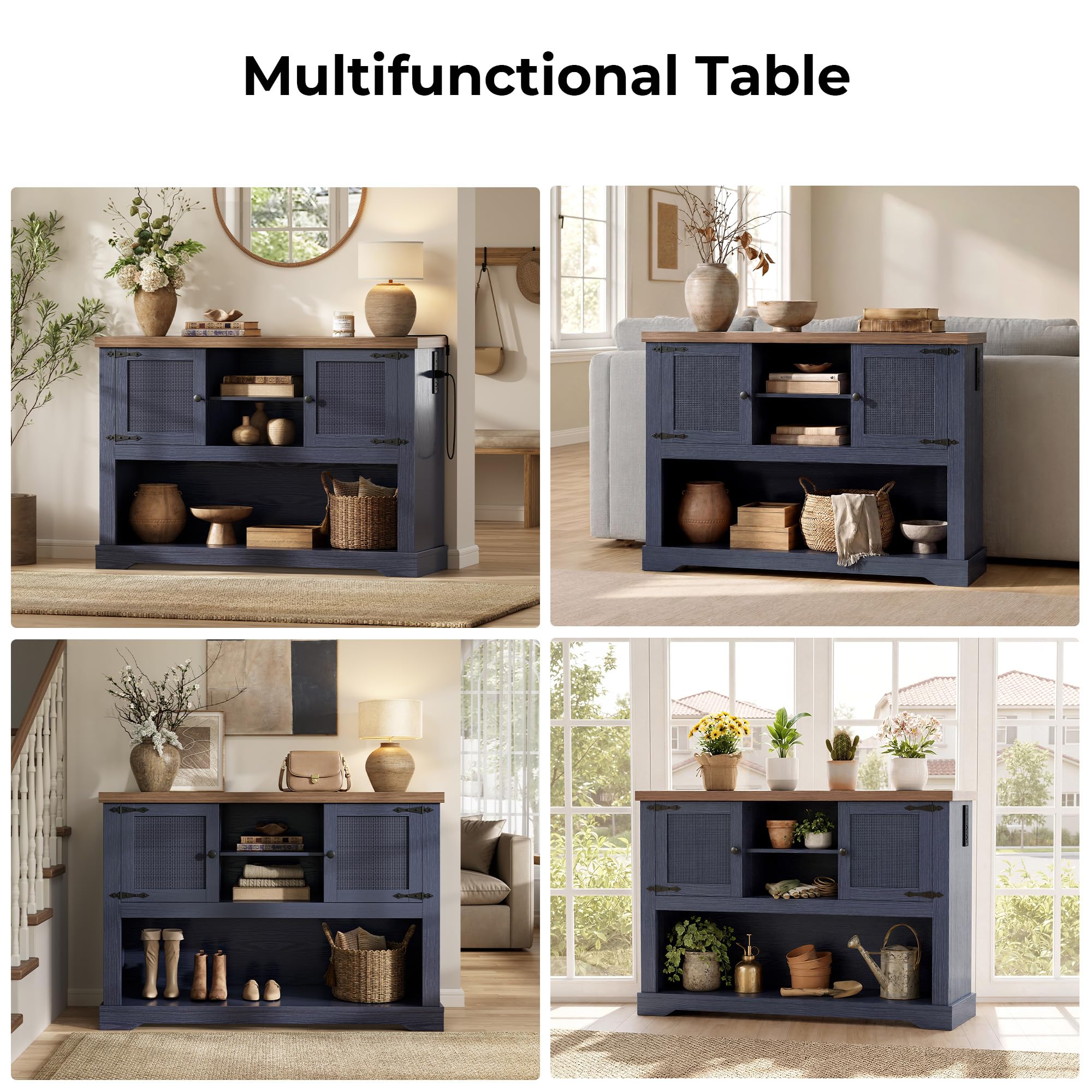 LIKIMIO Farmhouse Entryway Table with Power Outlets, 47.2" Rattan Console Table with Adjustable Storage Shelves & Rattan Doors Cabinet, Sofa Table for Entry, Living Room, Hallway, Foyer, Blue