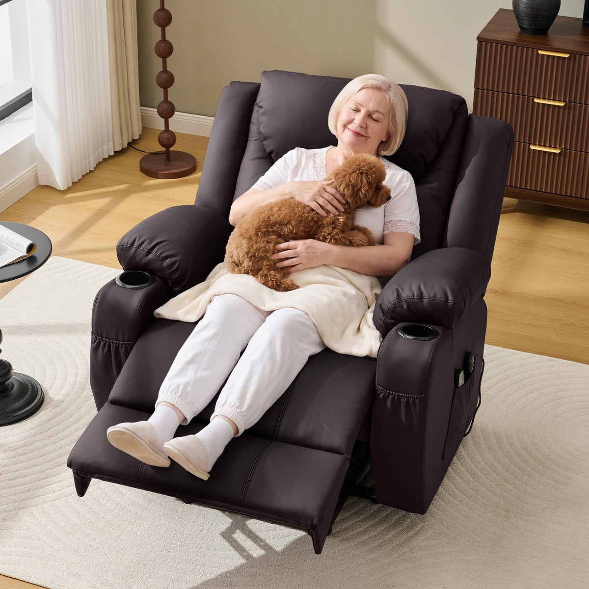 Korser Oversized Power Lift Recliner Chair with Massage and Heat for Elderly, 26" Overstuffed Wide Electric Recliner with 2 Side Pockets, Cup Holders, Lift Chair for Living Room, Faux Leather, Brown