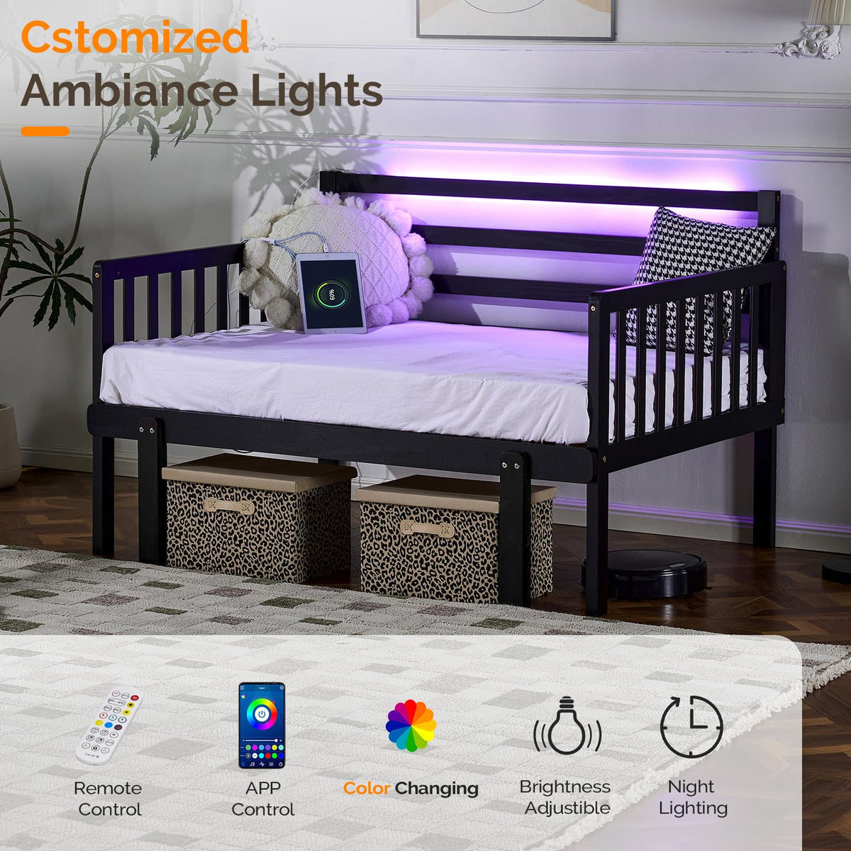 VINGLI 12 Inch Full Extendable Daybed with USB Ports and LED Lights,Black
