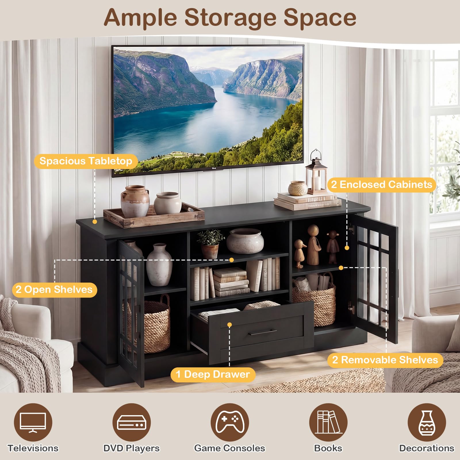 Farmhouse TV Stand with Glass Cabinets & Drawer