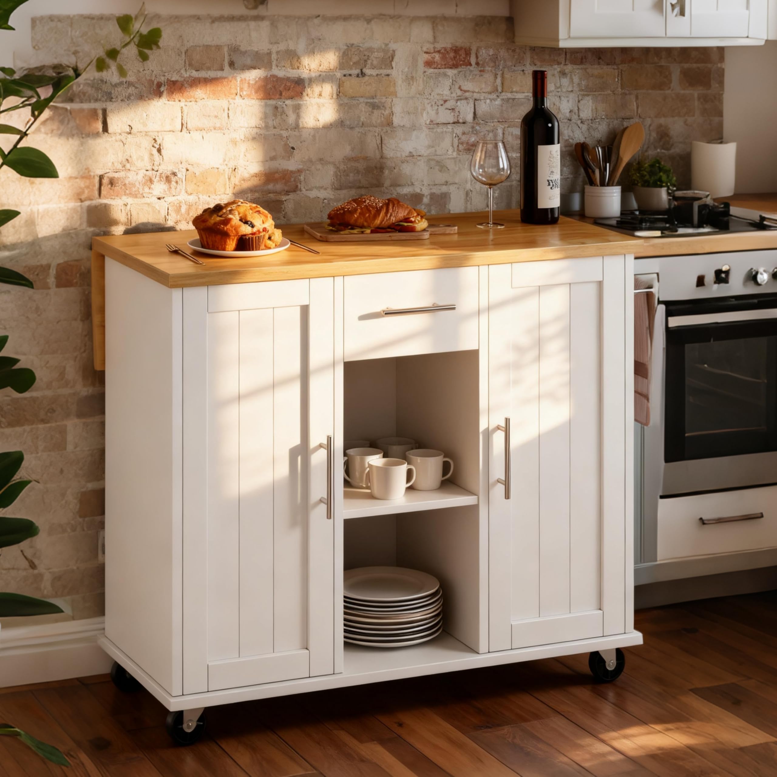 SUNLEI Island Table for Kitchen with Storage, Portable Kitchen Island Cart with Drop Leaf, Rolling Kitchen Island Table with Drawer, Cabinet & Towel Rack, Farmhouse Kitchen Island, White