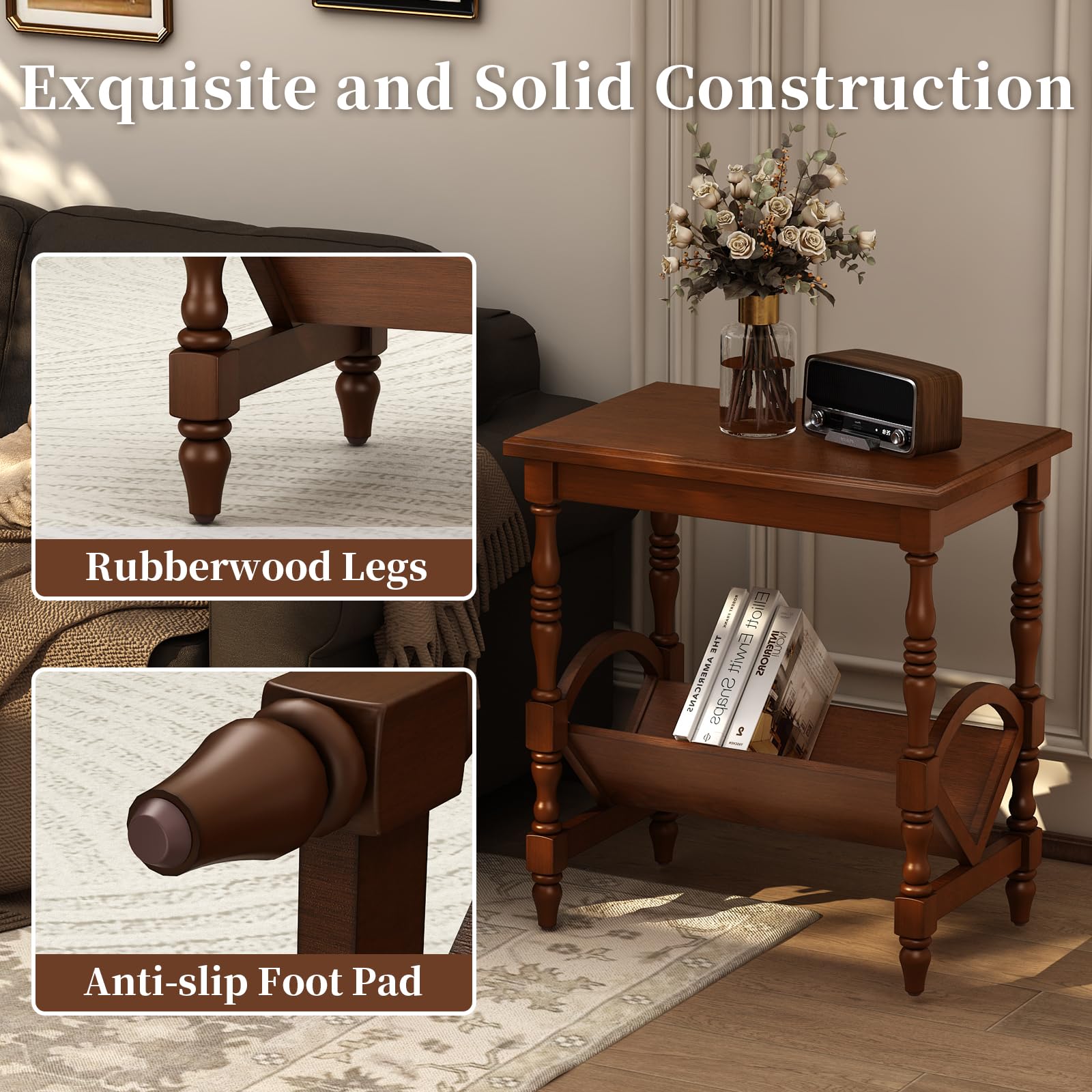 LKTART Wood End Table, Vintage Sofa Side Table with Magazine Rack and Rubberwood Legs, Bedside Table with Birch Wood Veneer Finish for Living Room Bedroom Small Space Home Office (Cherry)