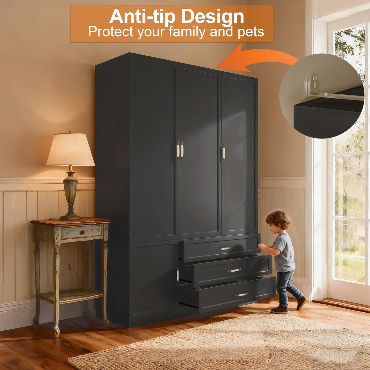 AXCIGOC 72" Wooden Armoire Wardrobe Closet with 3 Door Black Bedroom Armoire with LED Light 3 Drawers Large Modern Wardrobe Cabinet with Retro Ceramic Door Handles and Removable Hanging Rod