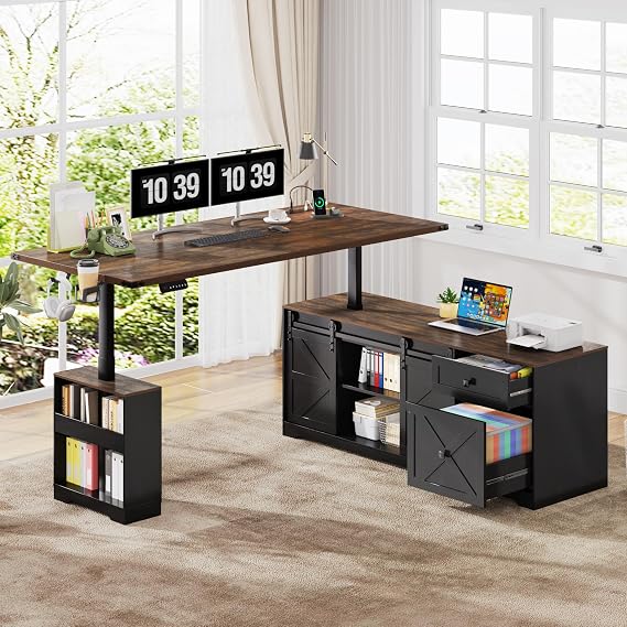L-Shaped Electric Standing Desk with Sliding Door Storage