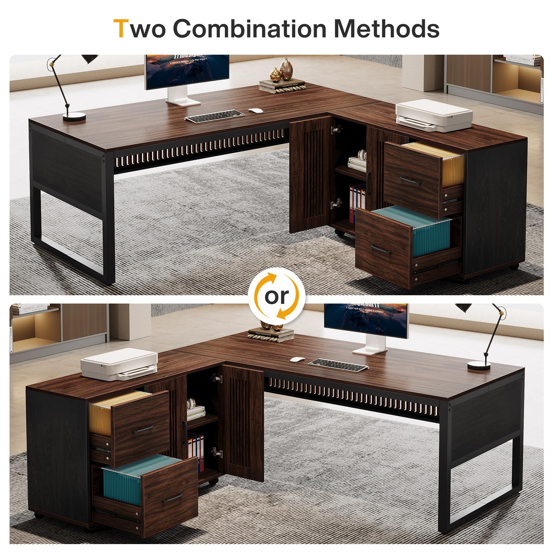 L-Shaped Executive Desk with Mobile File Cabinet