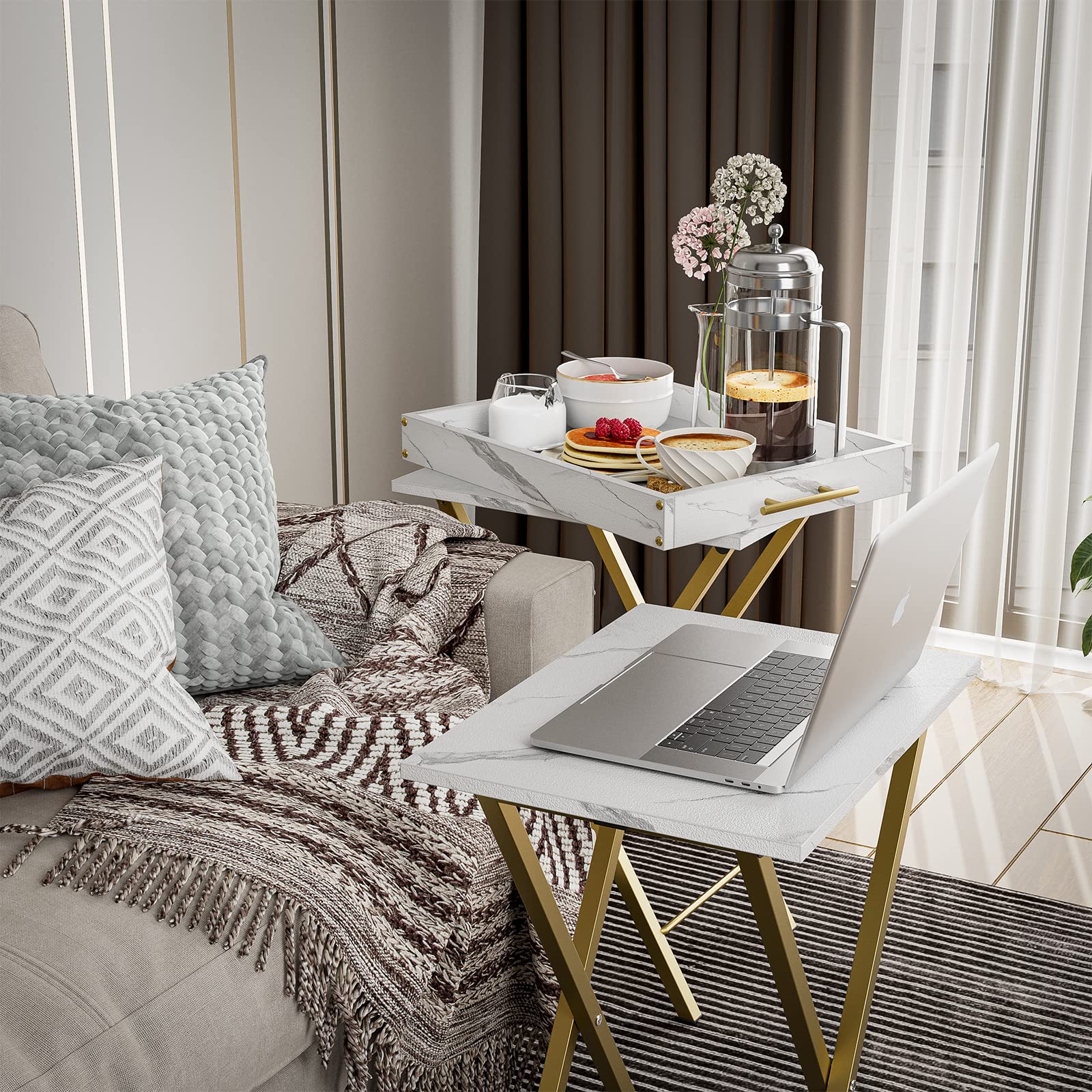 Folding TV Tray Tables, Set of 2 with Removable Serving Tray
