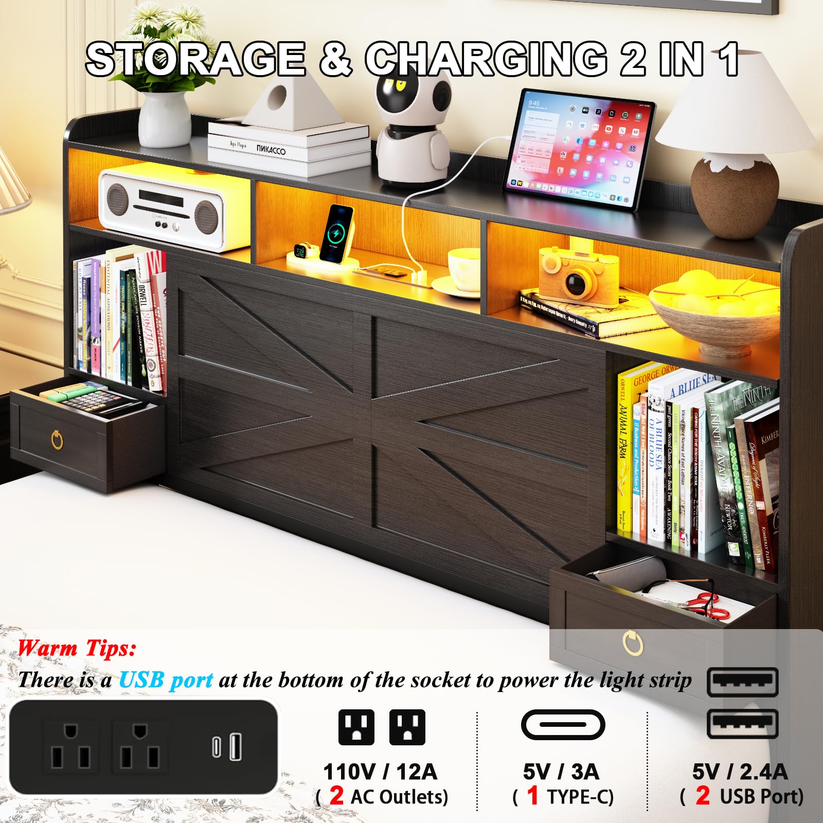 Etditrnp Queen Bed Frame with Storage Headboard, Farmhouse Platform Bed Frame with Bookshelf, Drawers, LED Lights and Charging Station, Metal Slats Support, Noise Free, No Box Spring Needed, Black