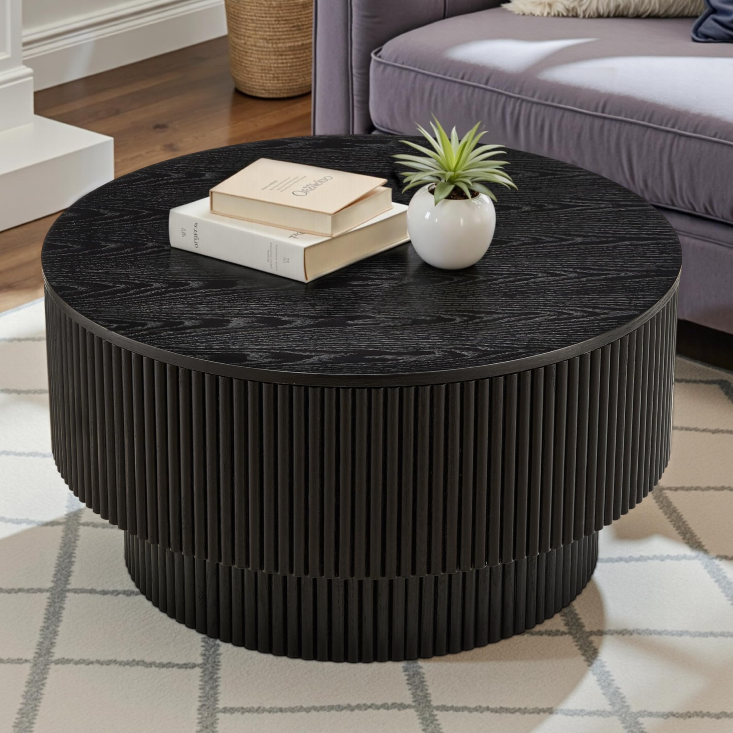 31.49" Wood Round Coffee Table for Living Room, Fluted Circle Coffee Table with Storage, Modern Handcraft Coffee Table for Apartment, Easy Assembly(Black, 31.49"x31.49"x15.74")