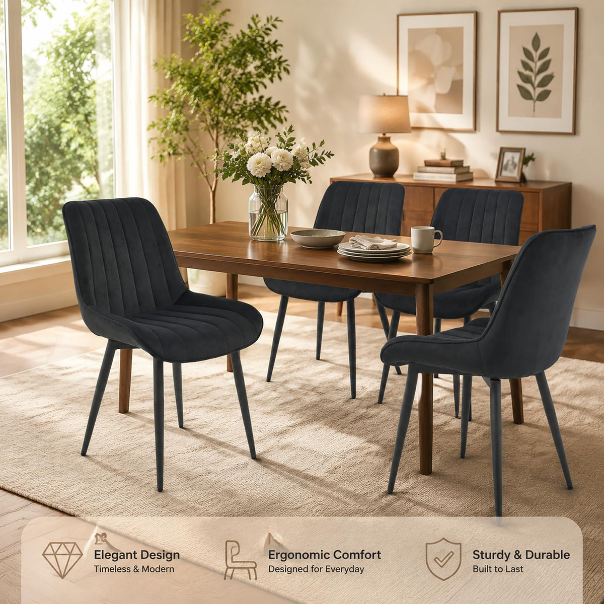 Czoluxo Modern Velvet Dining Chairs Set of 2, Upholstered Accent Side Chairs with No Arms, Mid-Back Desk Chairs with Black Metal Legs for Kitchen, Living Room & Bedroom Black