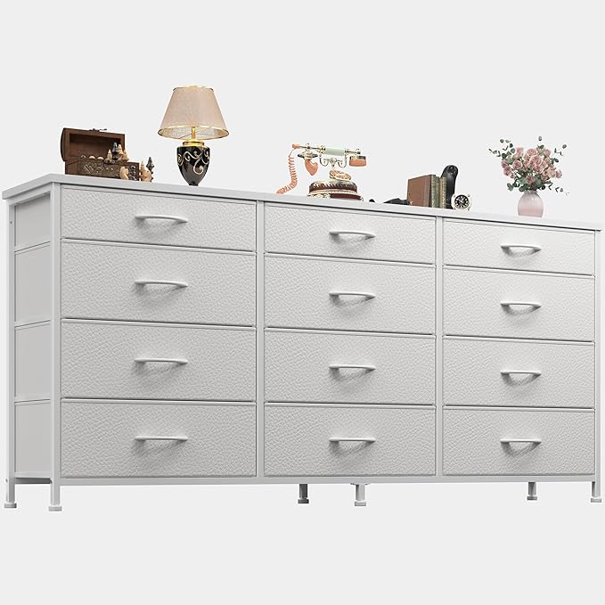 12-Drawer Long Dresser with Metal Frame and Wood Top