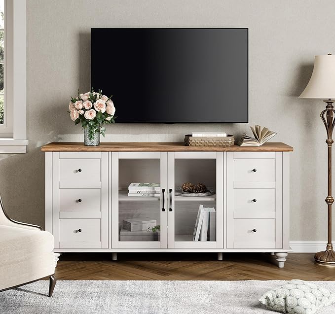 58" Farmhouse TV Stand with Glass Doors & Adjustable Shelf