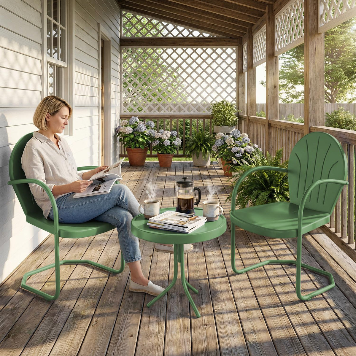 RICNOD Outdoor 3-Piece Metal Bistro Set, Patio Conversation Set of 2,Green