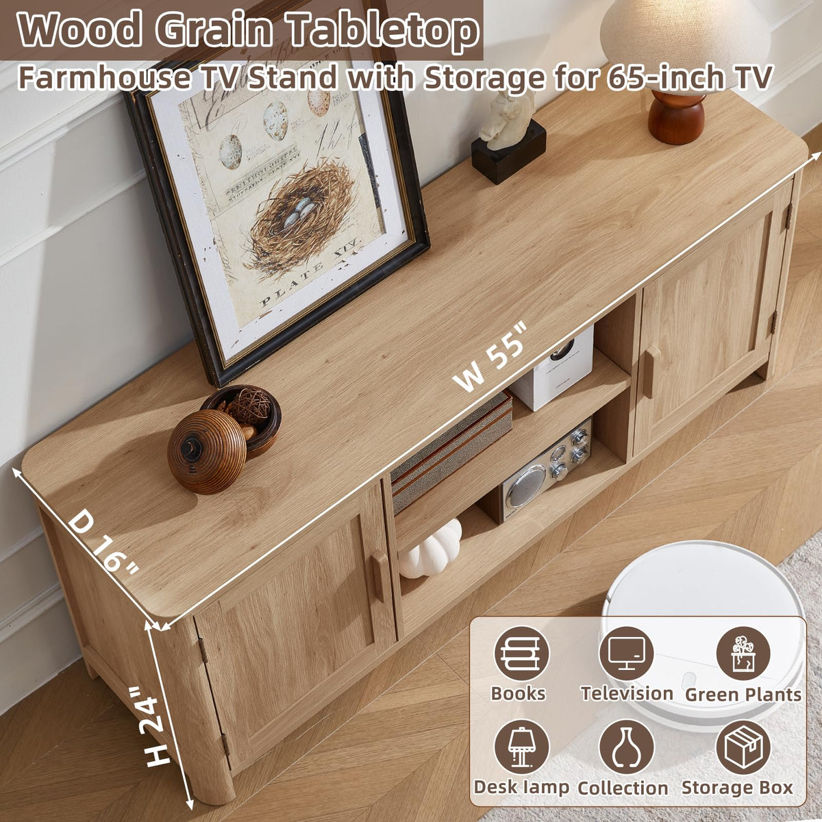 Joaxswe Farmhouse 55" Natural Oak Tv Stand, Tv Consoles for Living Room