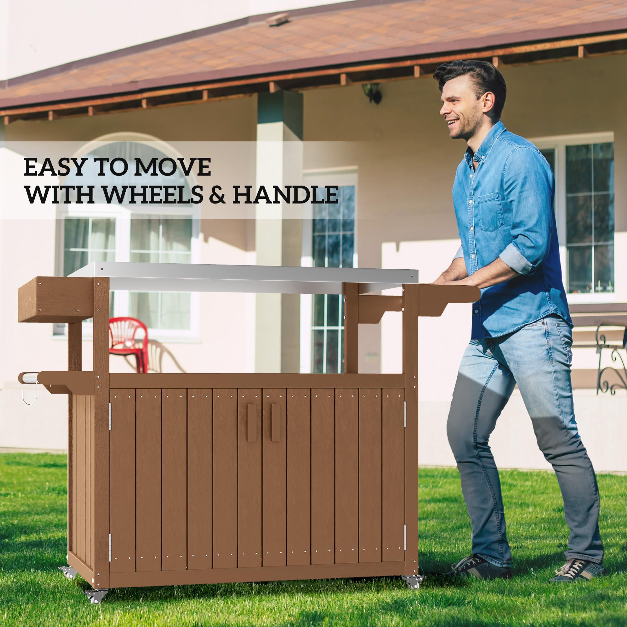 Outsunny Outdoor Bar Cart with Storage Cabinet, Stainless Steel Top Kitchen Island on Wheels, HDPE Outdoor Bar Table, Movable Patio Beverage Food Prep Table for BBQ Picnic, Brown