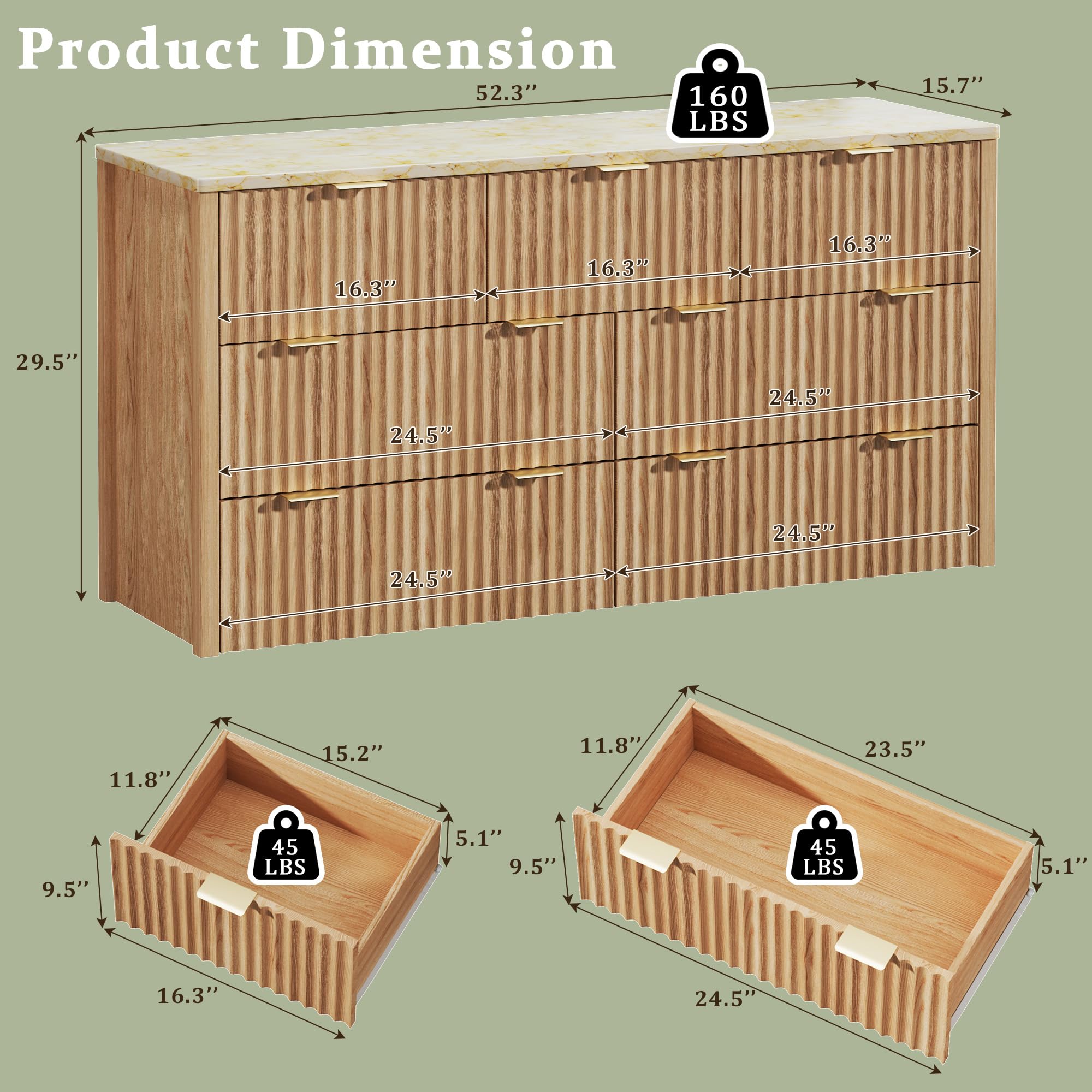 HUAHUU Fluted Dresser for Bedroom with 7 Drawers, 53" Wide Mid Century Modern Dressers with Faux Marble Top & Metal Handle, Wooden Chest of Drawers TV Stand, Natural Oak