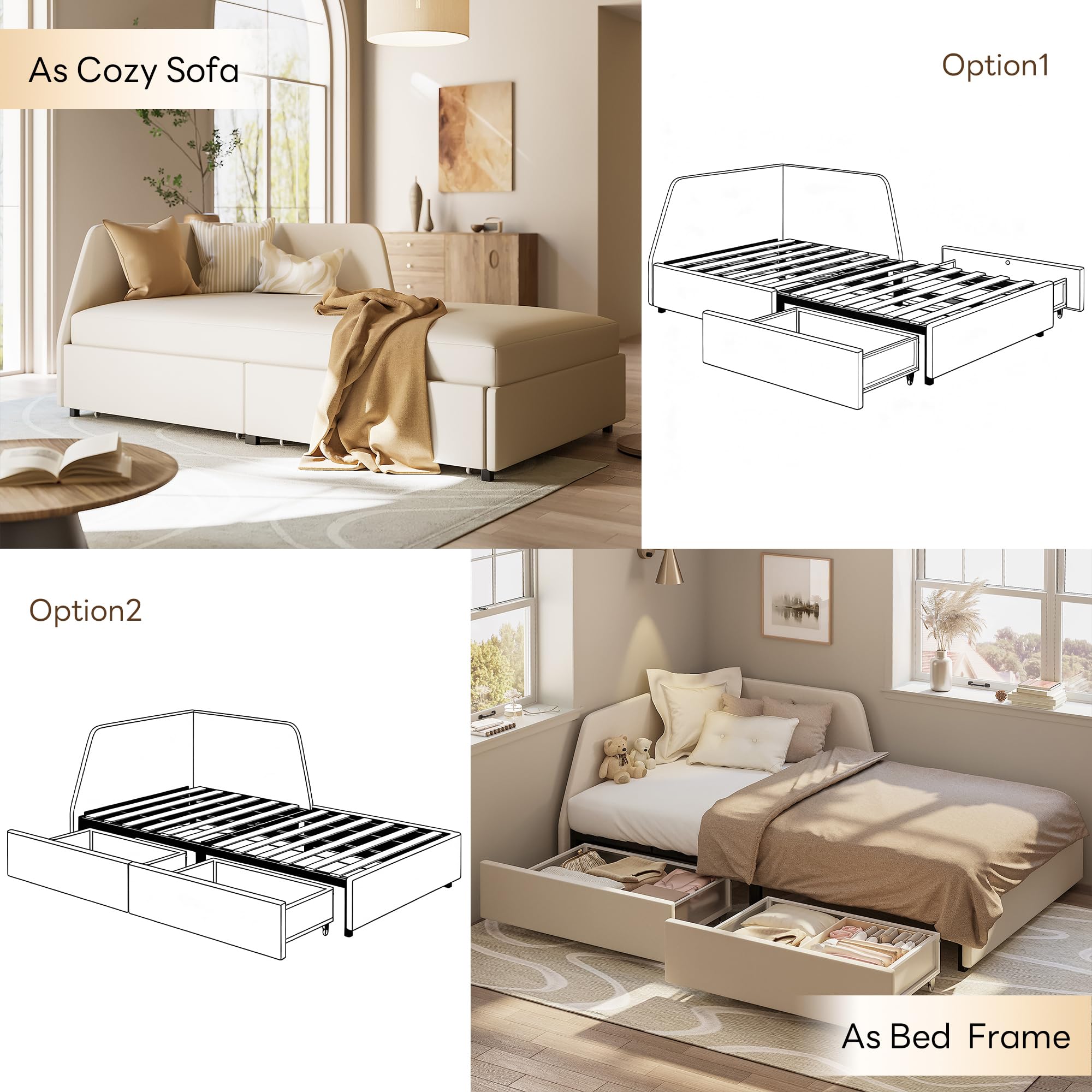 Twin Daybed Frame with Storage Drawers & Safety Rail