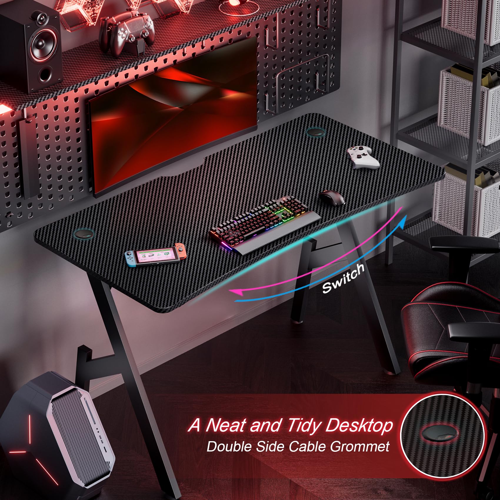 HLDIRECT 47 Inch Gaming Desk, Large Computer Gaming Desk Table with Cable Management, Ergonomic Carbon Fiber Gamer Table Pc Work Home Office Desks with Cup Holder & Headphone Hook & Mouse Pad, Black
