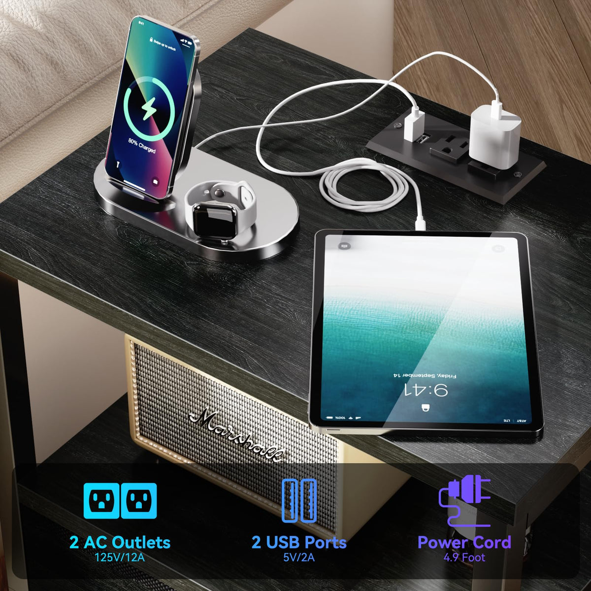 Furologee Nightstand Set of 2 with LED Lights, Charging Station, Black Oak