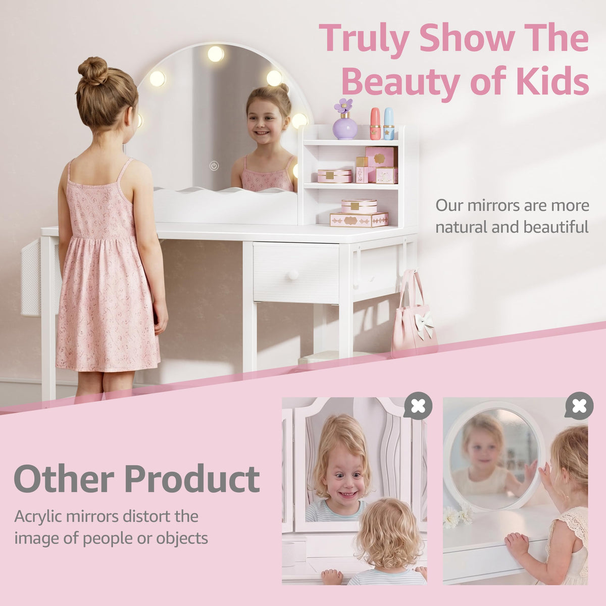 BOLUO Kids Vanity for Girls, Kids Vanity Table and Chair Set with Light and Mirror, 2 in 1 Kid Vanity Set, Princess Makeup Vanity Desk with Drawers White