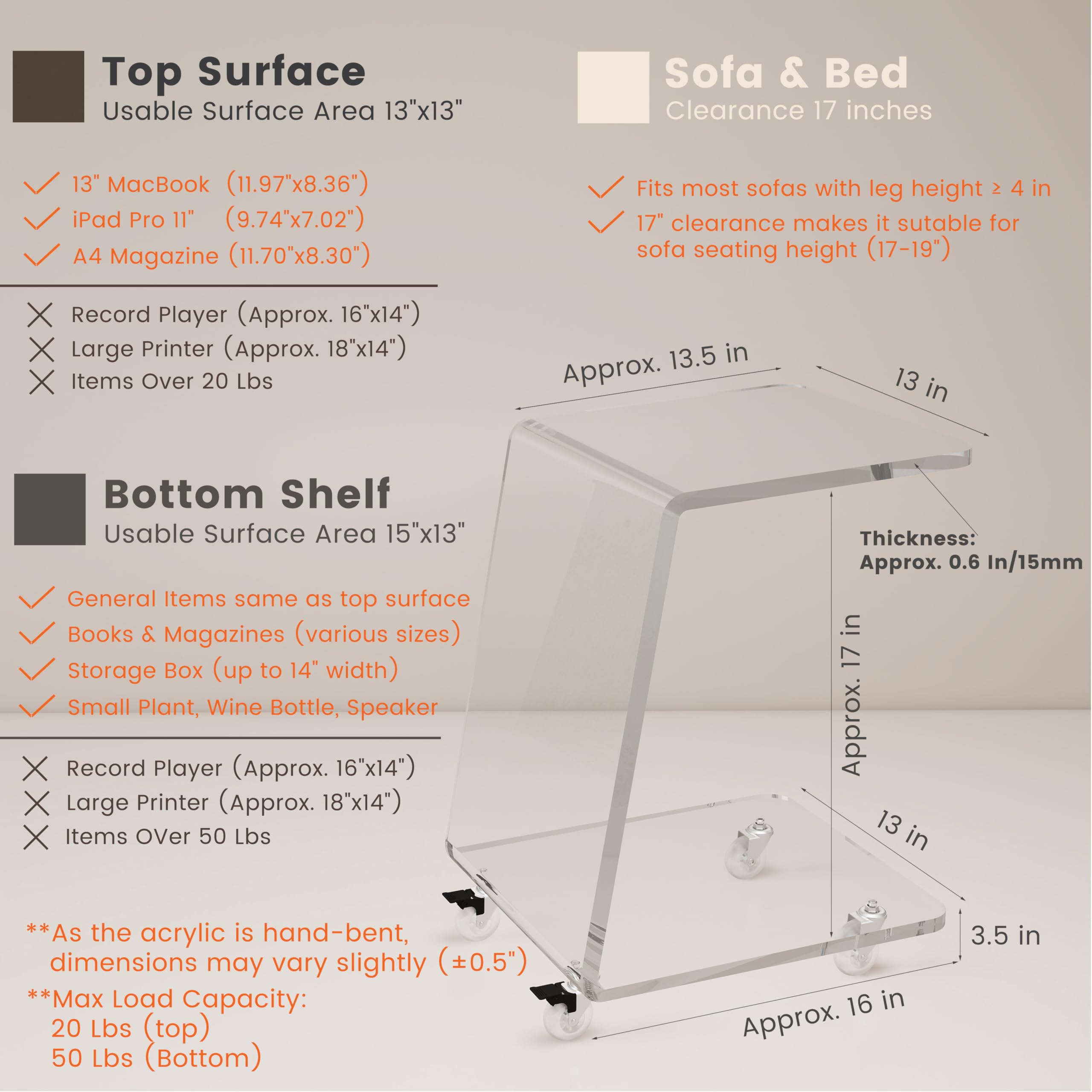 Modern Acrylic Side Tables Set of 2, 15mm Thick Clear Lucite End Tables with Wheels for Living Room & Bedroom, Luxury C-Shaped Rolling Sofa Tables, Heavy Duty Contemporary Furniture