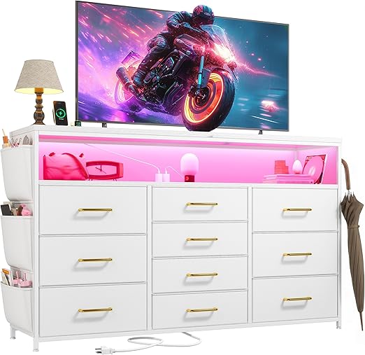 10-Drawer Dresser TV Stand with LED Lights & Power Outlets