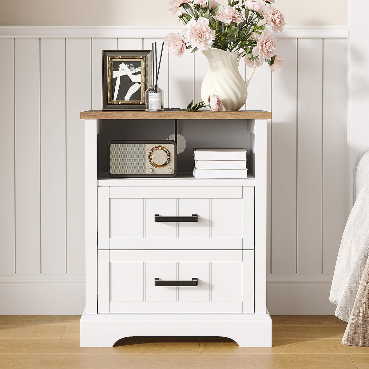 ChooChoo Farmhouse Night Stands with Charging Station Set of 2, 2 Drawers