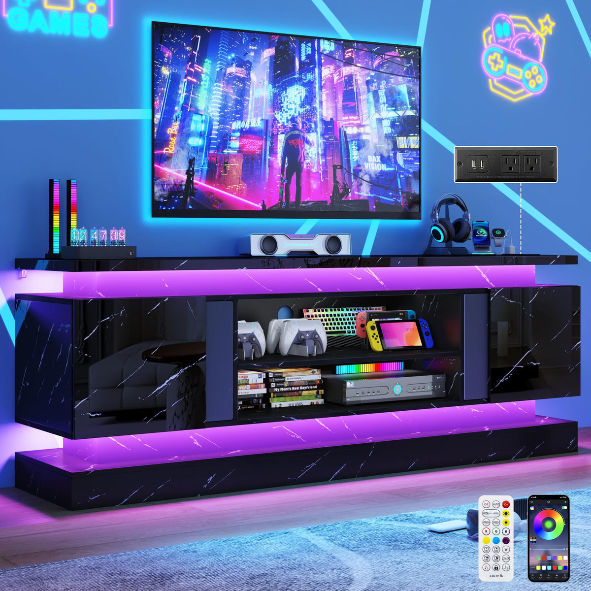 71" 2 LED Marble TV Stand for TVs 85 inch,High Gloss Gaming Tall Entertainment Center w/Power Outlet,6000-Colors LED Lights,Modern TV Media Console Table with 2 Cabinets for Living Room,Black Marble