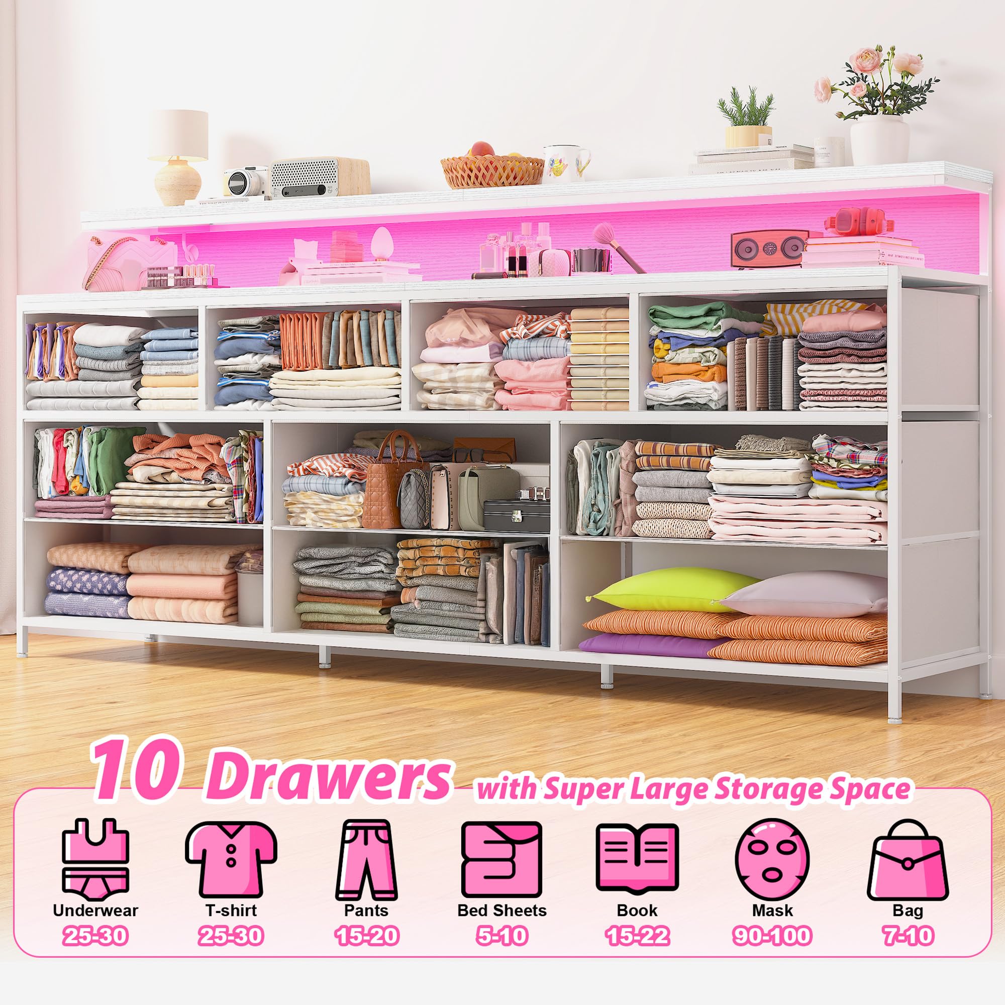 EnHomee 55" W White Dresser for Bedroom with 10 Fabric Drawers Long Dressers & Chests of Drawers with LED Lights & Power Outlets Large Dresser for Bedroom for Hallway, Metal Frame, White
