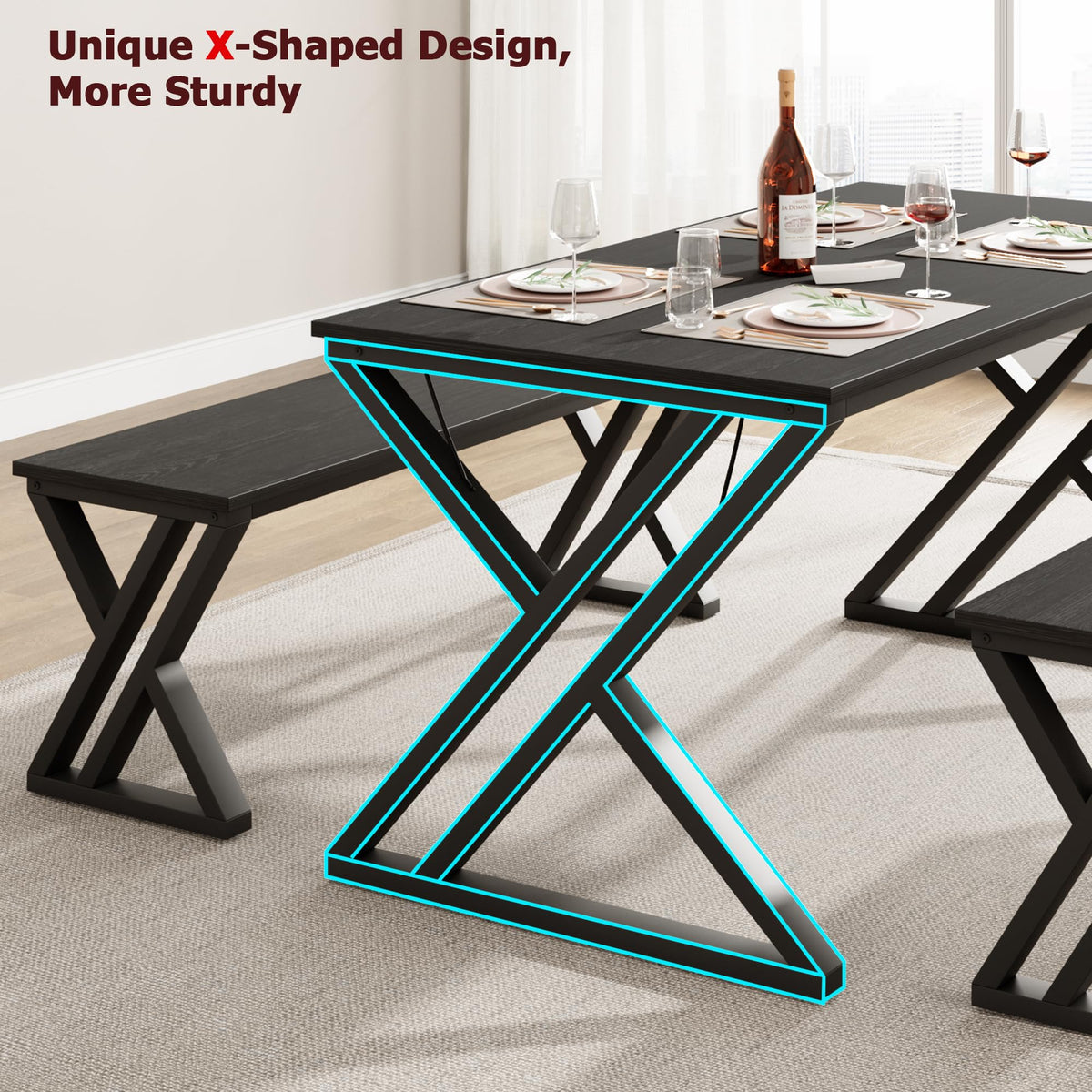 Homhougo Kitchen Room Table Set with Benches,44.8" Dining Table Set for 4,Sturdy Metal Kitchen Table Set with X Metal Frame Space Saving, Ideal for Kitchen, Apartment, Studio, Black