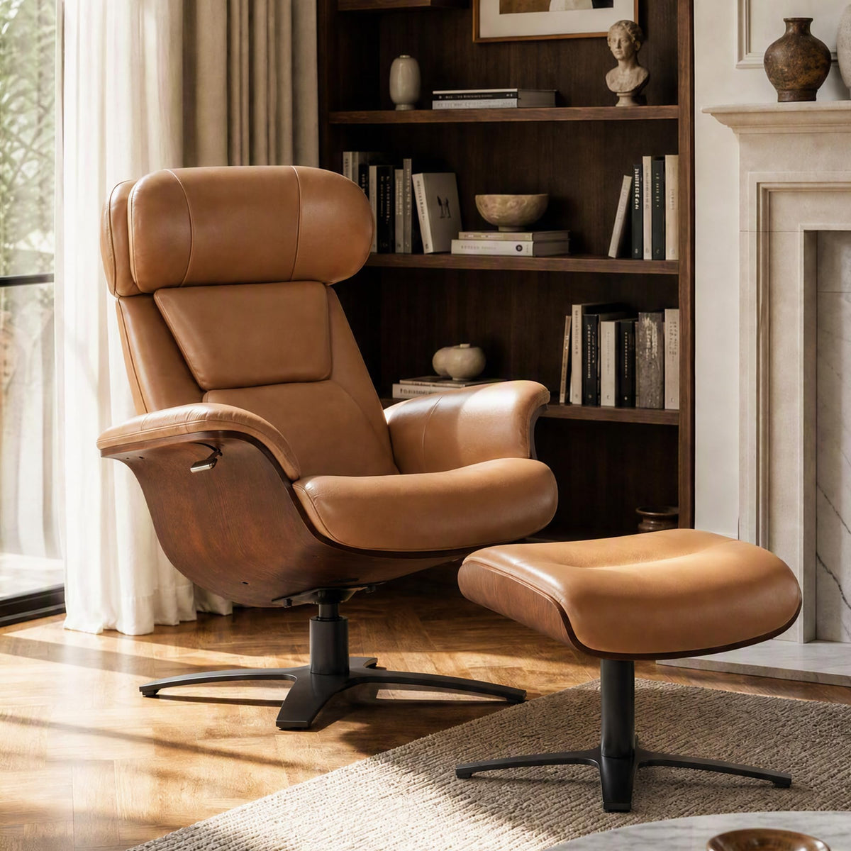 CHITA Genuine Leather Reclining Swivel Accent Chair with Ottoman, Saddle