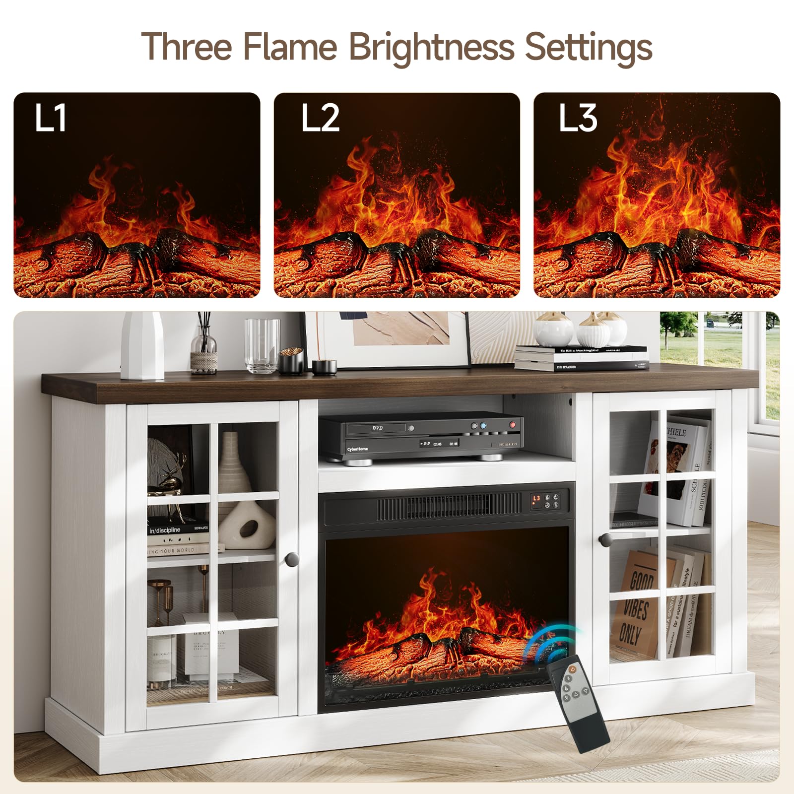 59" Fireplace TV Stand with Electric Fireplace & Glass Doors