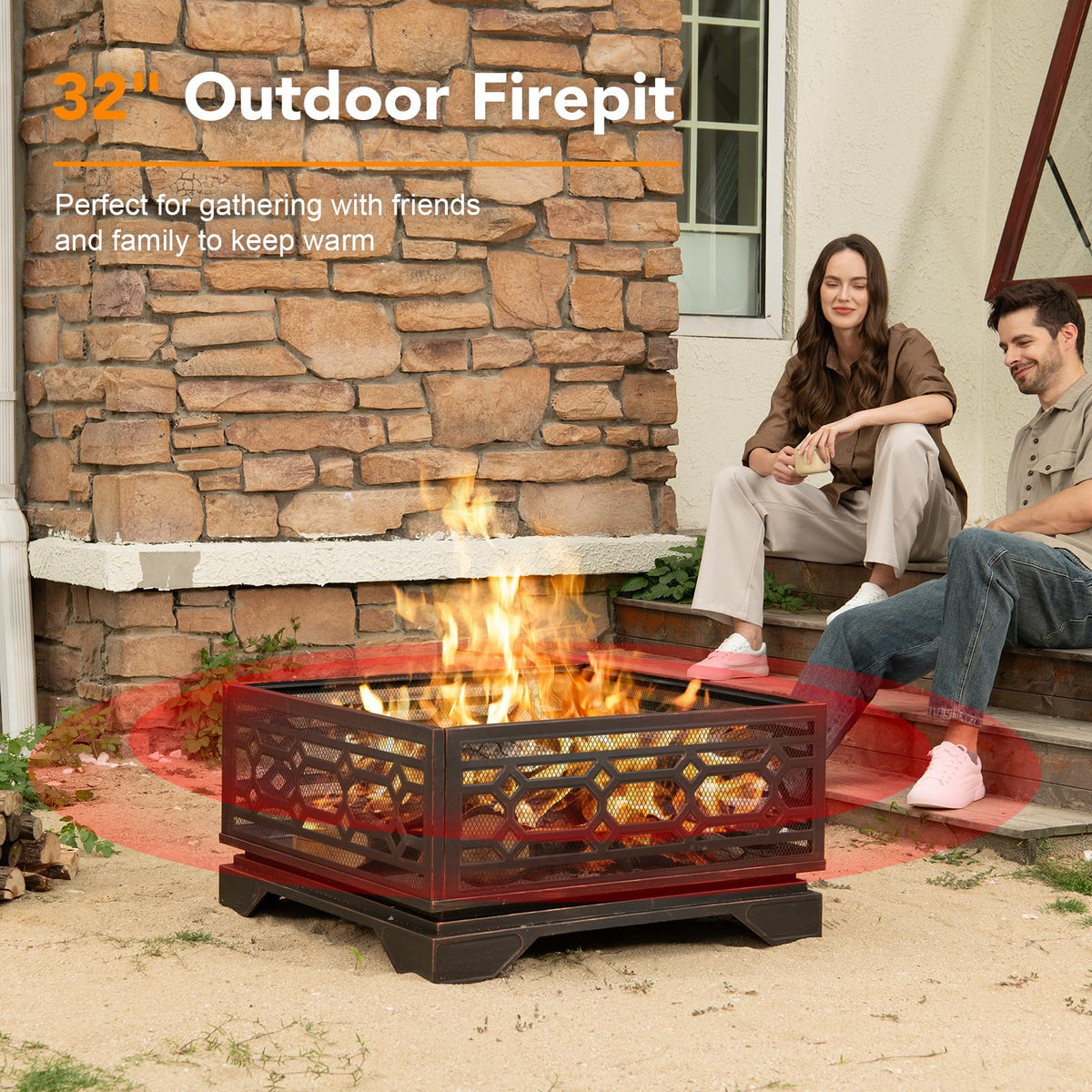 32 Inch Outdoor Fire Pit, Wood Burning Outside Fireplace with Mesh Cover