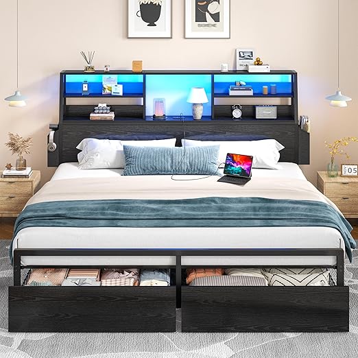 Bed Frame with Storage, LED Lights & Charging Station