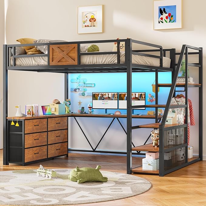 Full Size Loft Bed with Desk & Storage Stairs