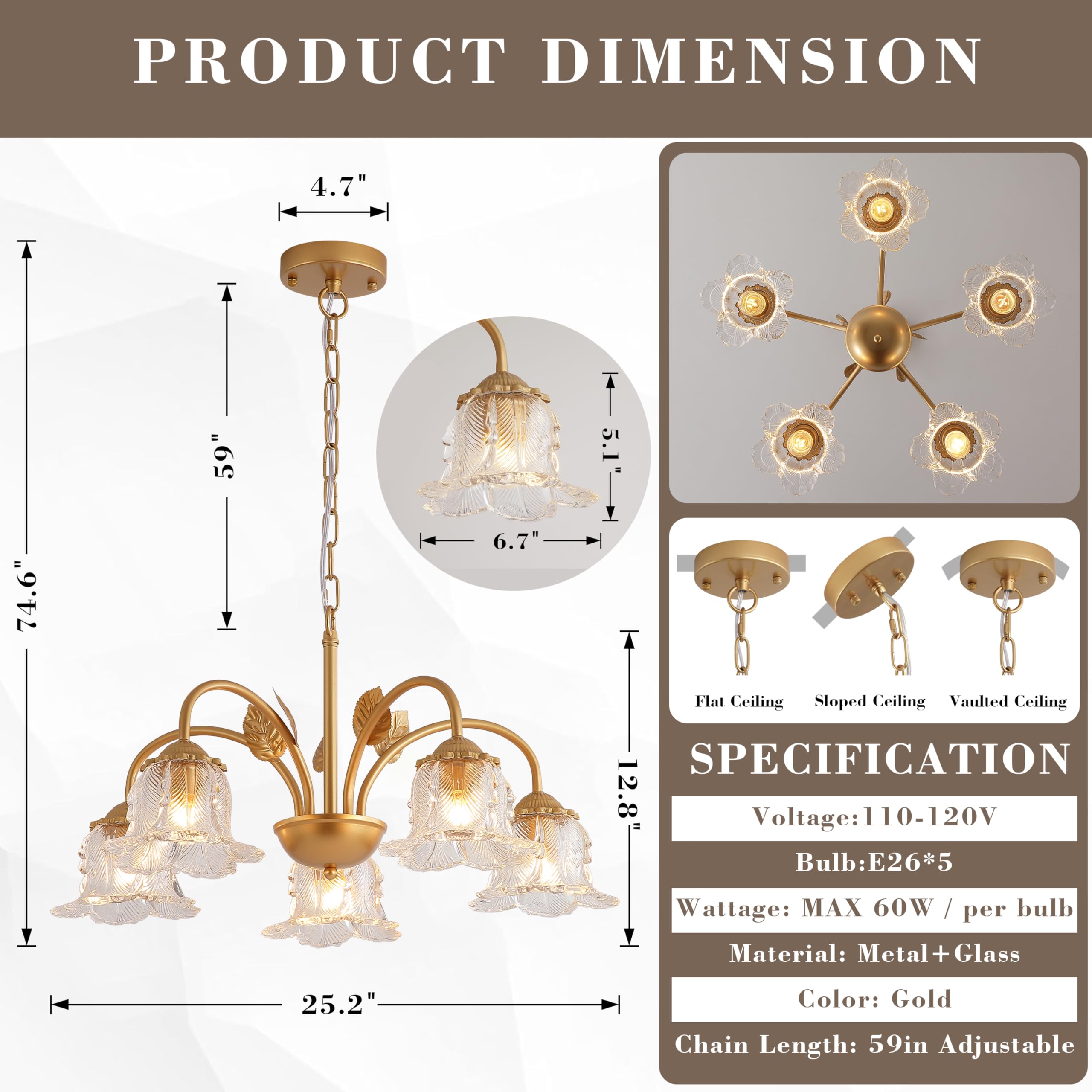 NZZDYI 5-Light Vintage Chandeliers for Dining Room 25" Modern Gold Glass Chandelier Rustic Adjustable Pendant Light Fixture for Kitchen sland Living Room Bedroom