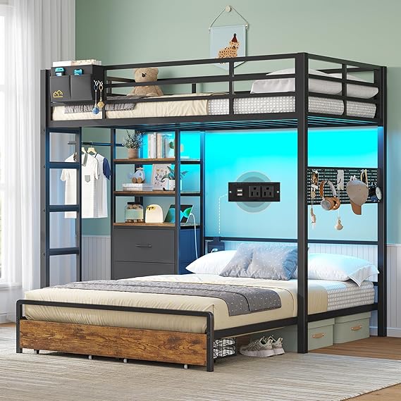 Twin Over Full Bunk Bed with Storage Drawers, Bookshelf & LED Lights