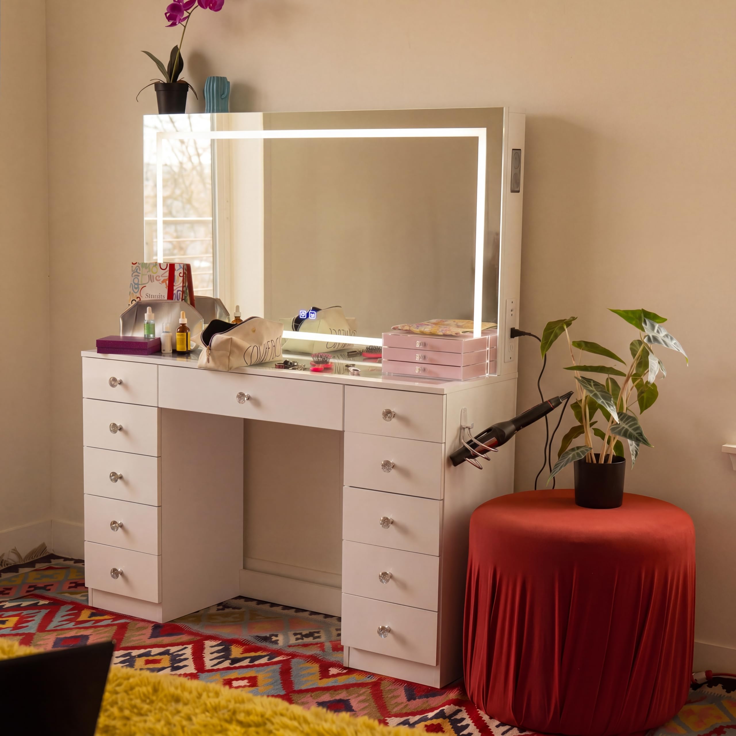 Boahaus Amelia Vanity Desk with LED Mirror – Complete Makeup Station with 11 Drawers, Integrated Power & Built-in Speakers