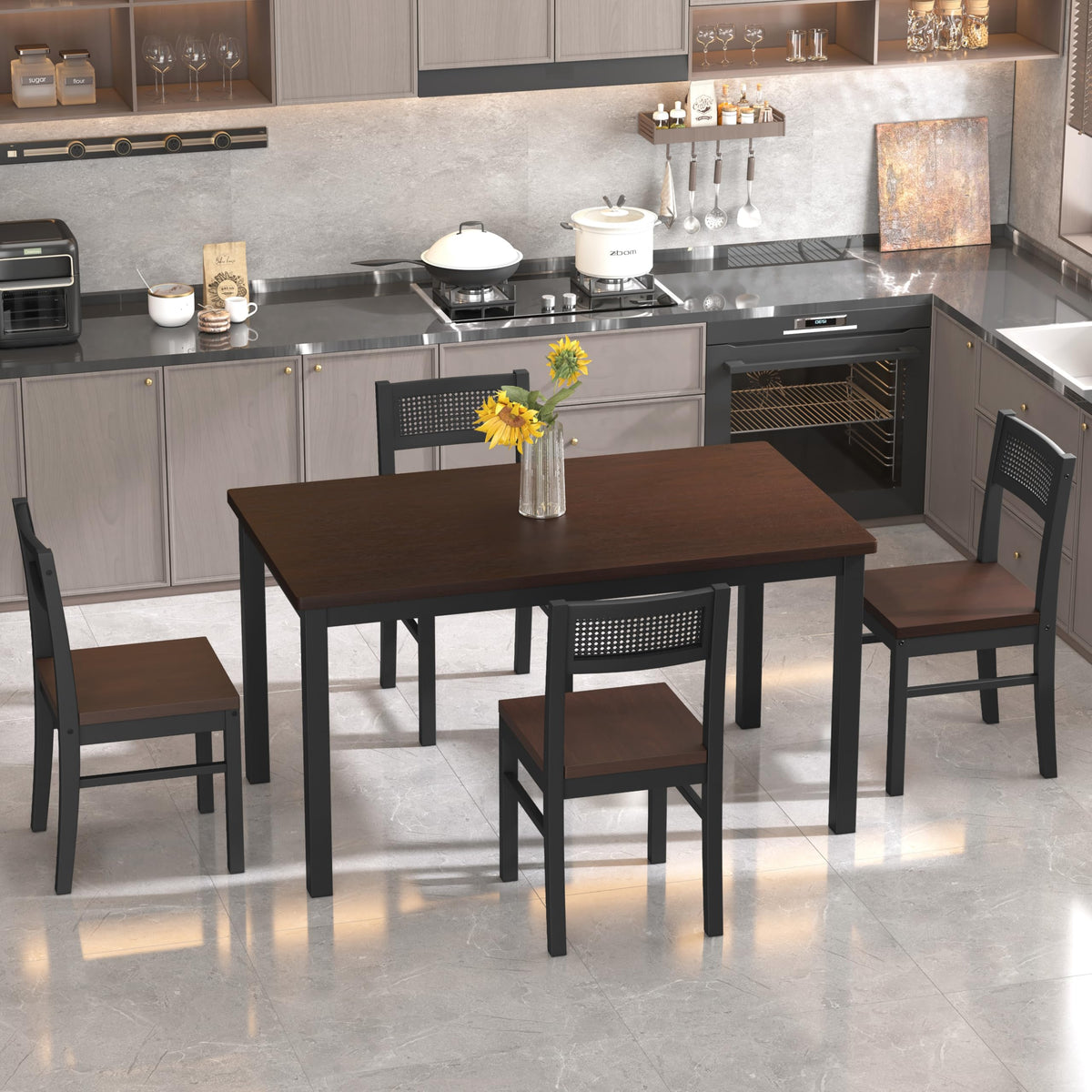 Orweiin Dining Table Set for 4, Solid Wood Kitchen Table Chairs Set of 4, 43.3” Space-Saving Mid Century Modern Dining Room Table with Chairs for Kitchen, Living Room, Breakfast Nook, Black&Brown