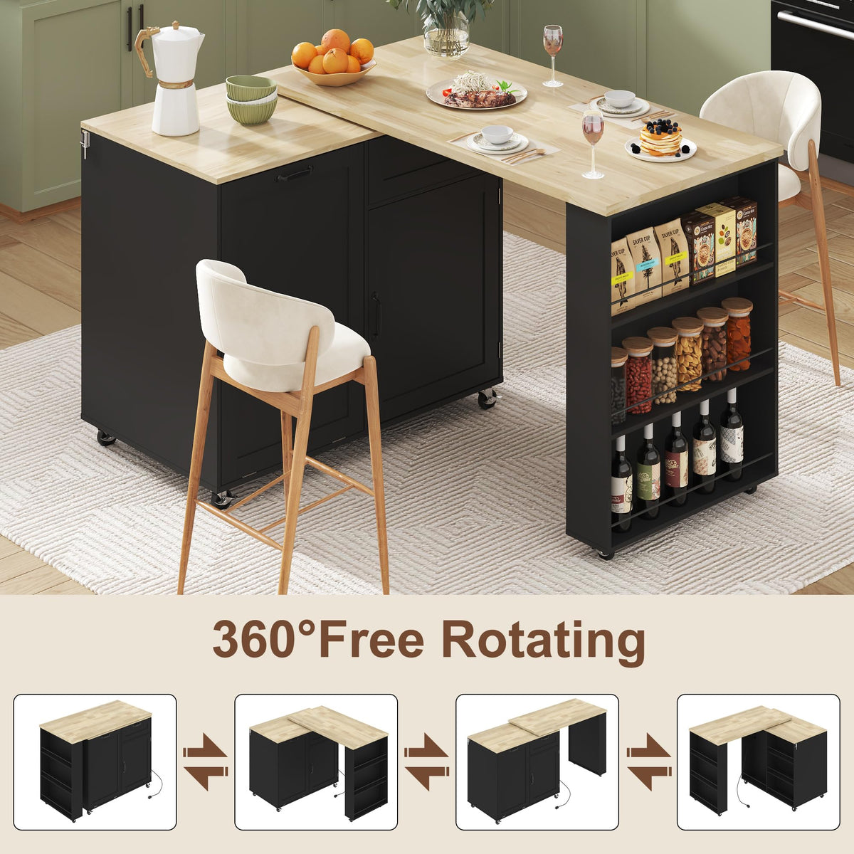 48-72” Extendable Kitchen Island with Trash Can Storage and Power Outlets, Rolling Kitchen Island Cart with 360°Swivel Dining Table, 6Tier Spice Rack，Mobile Wooden Island Table for Kitchen,Dining Room