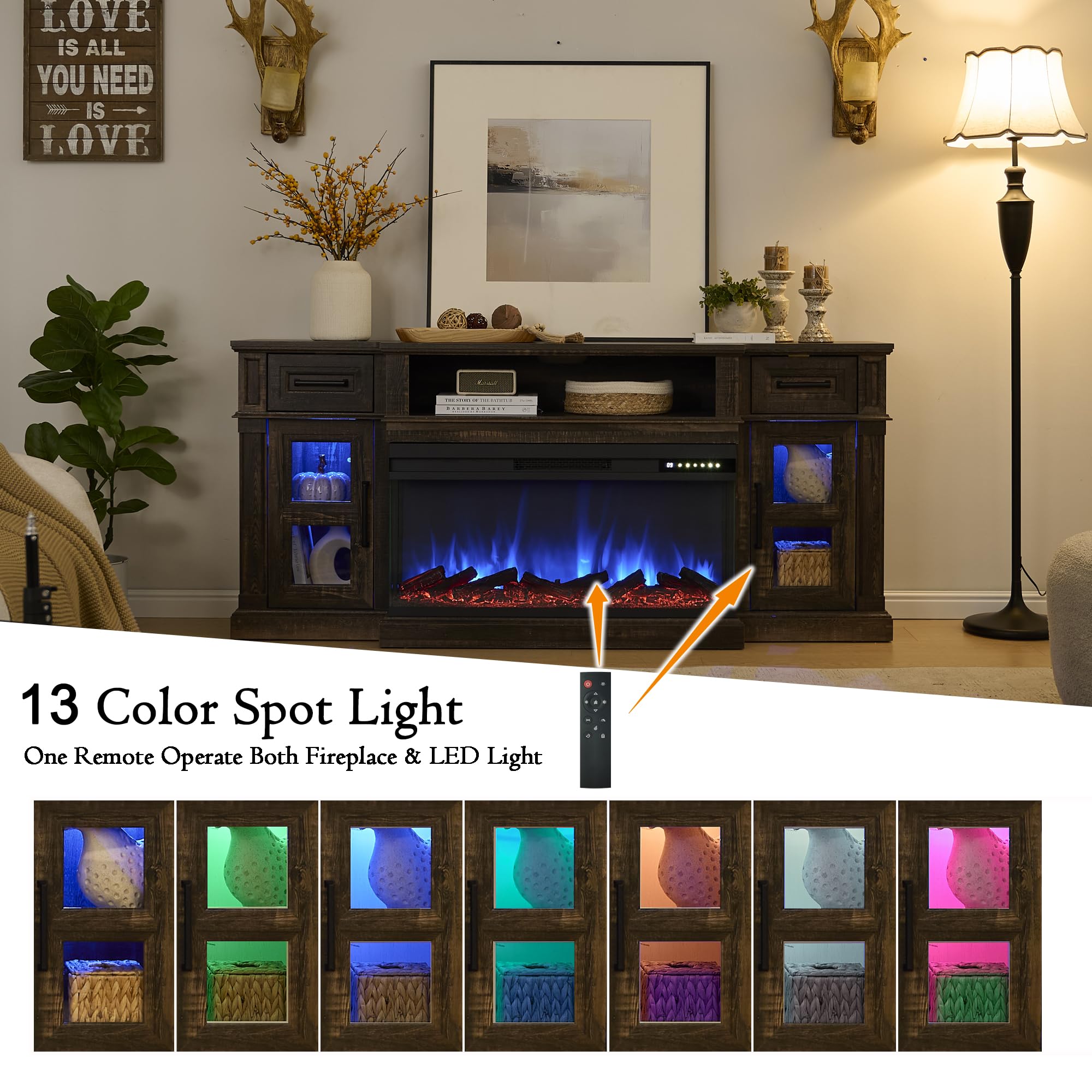 Unineo 3-Side Fireplace TV Stand for up to 80 Inch TV, LED Entertainment Center with 36 Inch Electric Fireplace, Farmhouse TV Console Table w/Drawers & Cabinets for Living Room, Cherry