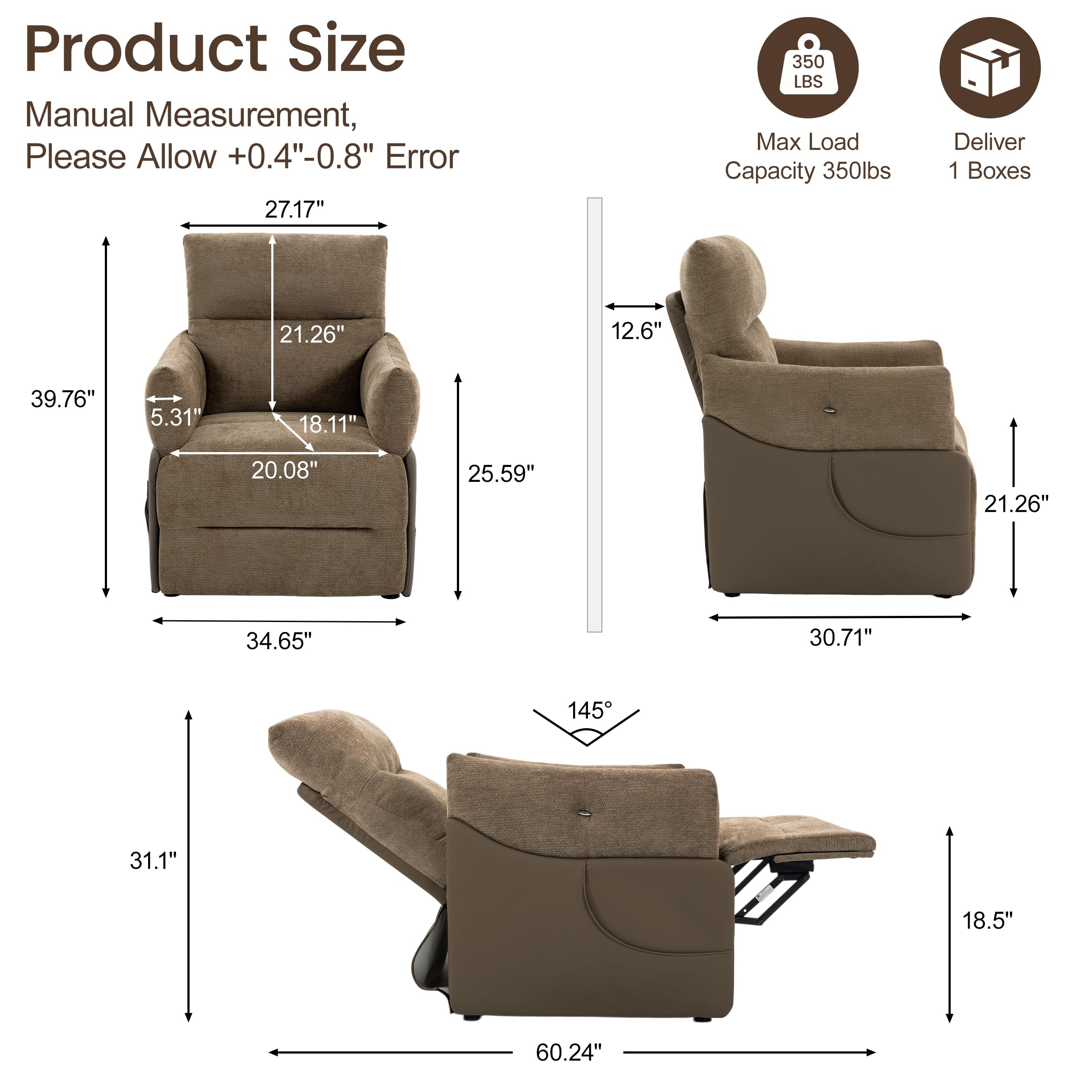 FiveWillowise Power Recliner Chair,90°-145°Recline Chair with Remote,Side Pocket,Soft Armrest&Headrest,Wide Seat,Sturdy Footrest for Living Room,Bedroom,Brown Chenille with Brown Faux Leather Side