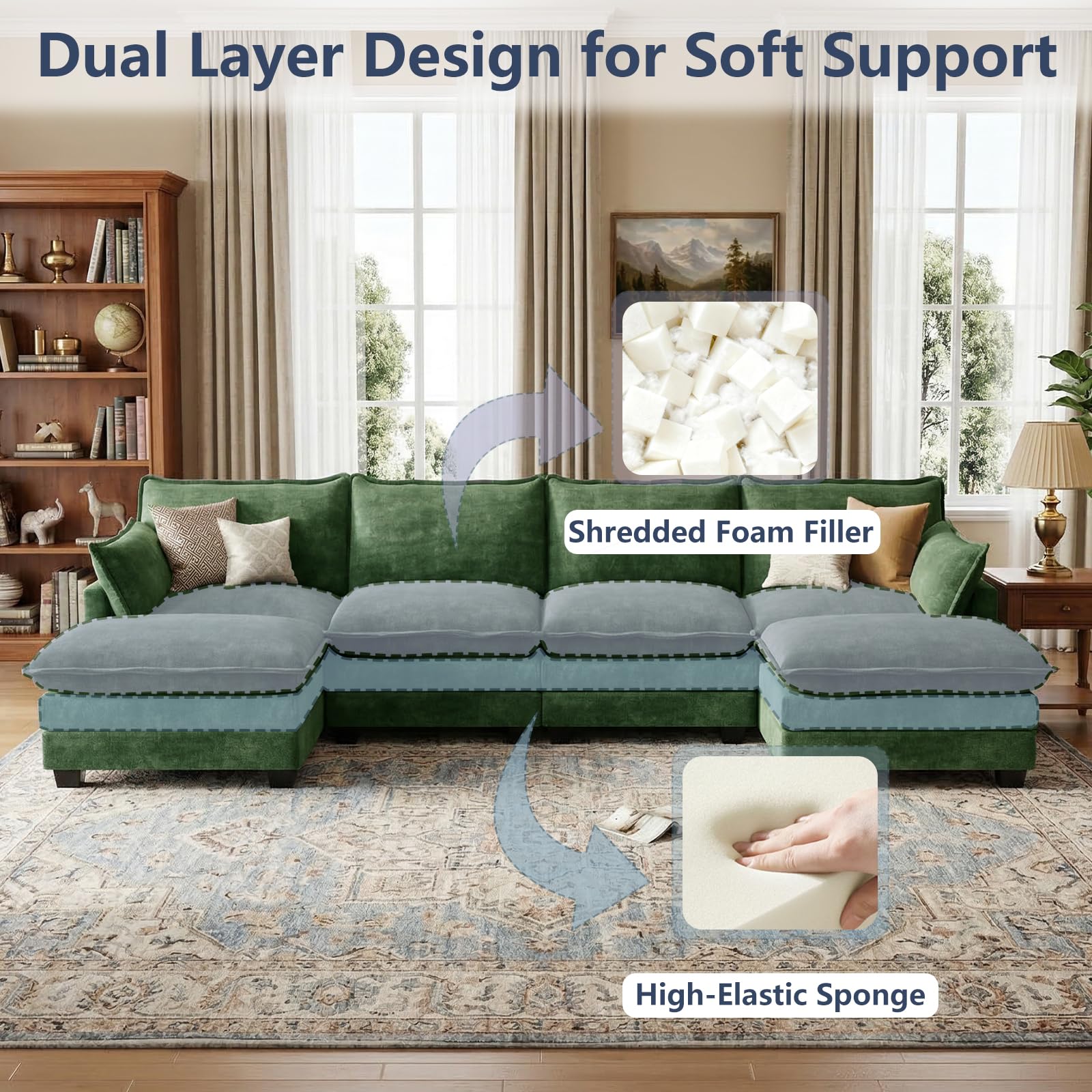 OhaiAura U Shaped Modular Sectional Sofa, Cloud Couch with Movable Ottoman, Comfy Chenille Sofa with Pillows for Living Room, Bedroom, Apartment, Green