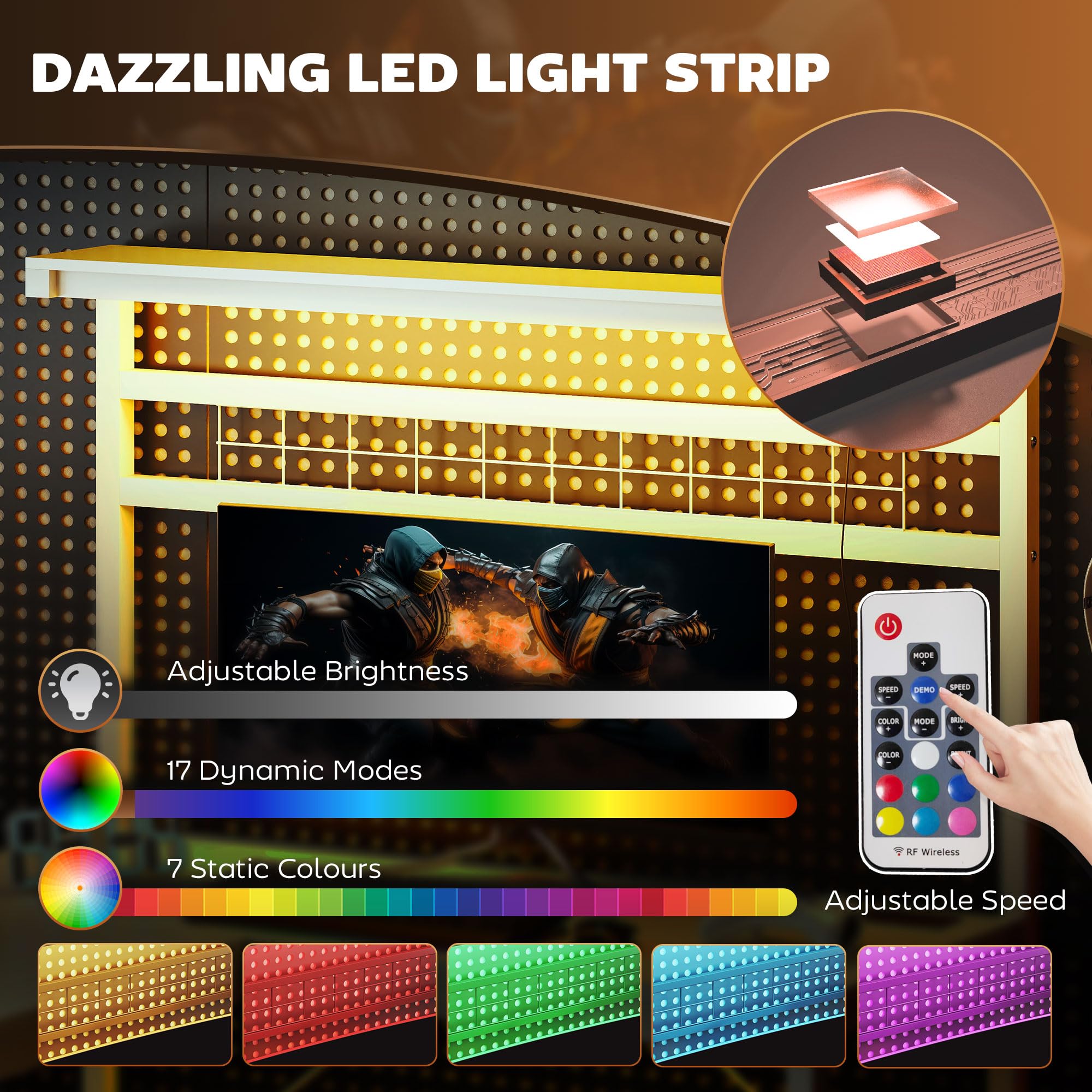 L-Shaped Gaming Desk with LED Lights & Power Outlets