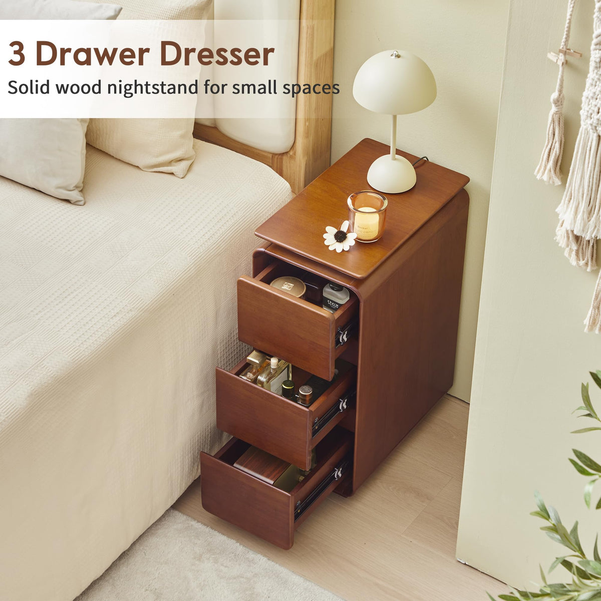 Solid Wood Nightstand, Fully Assembled Narrow Bedside Table for Bedroom