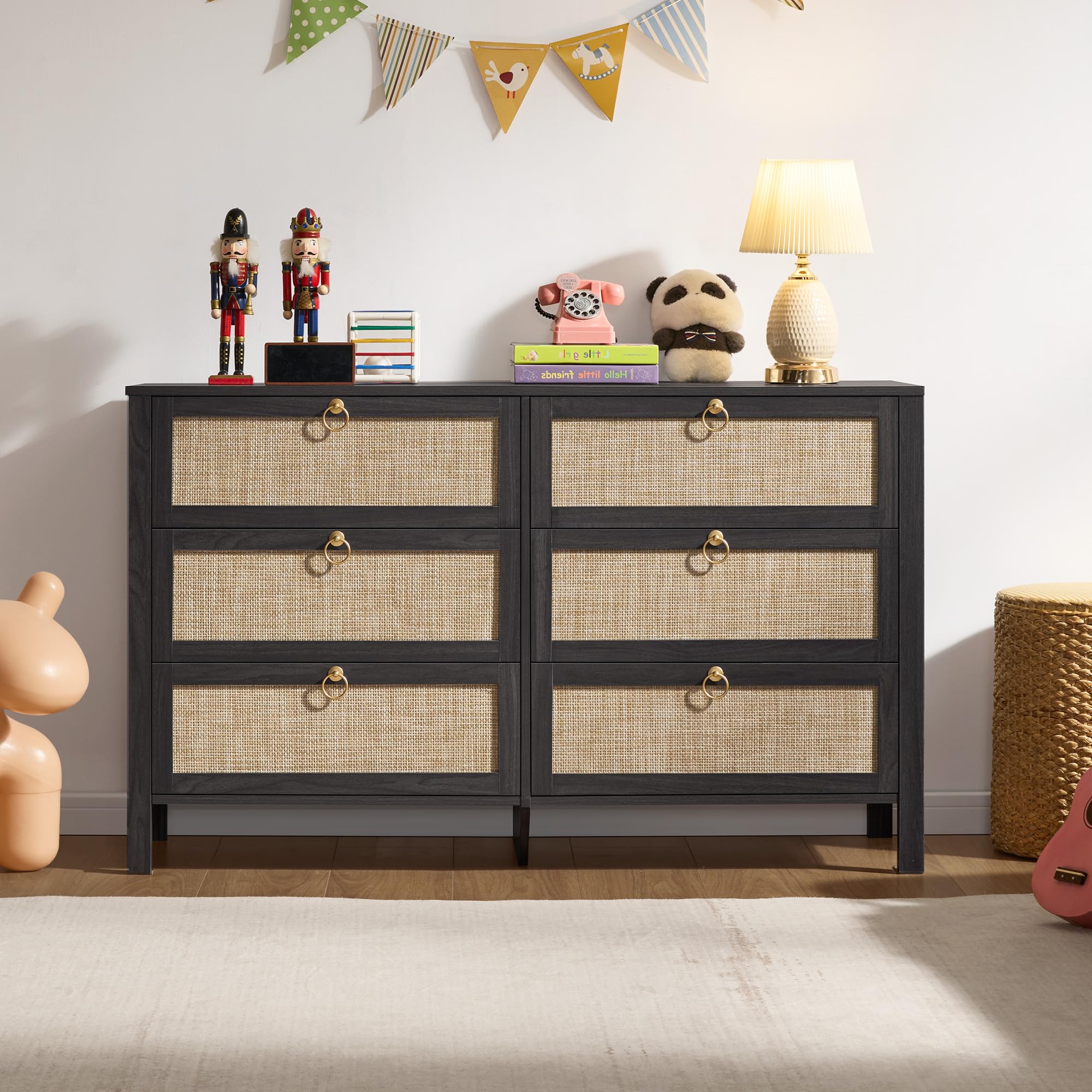 SICOTAS 6 Drawer Dresser for Bedroom - 51" Wide Rattan Dressers Chest of Drawers for Closet, Larger Storage Cabinet Farmhouse Boho Dresser TV Stand for Living Dining Room, Hallway, Black