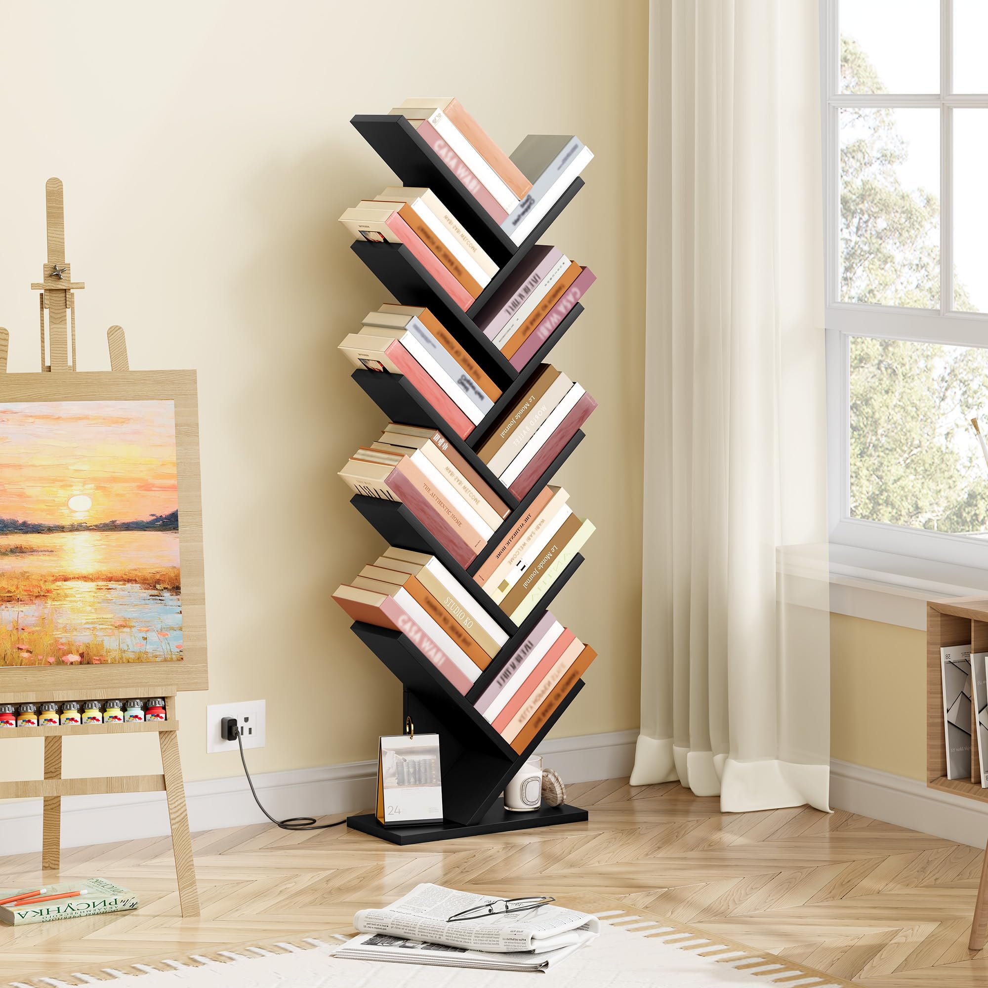 Hoctieon 10 Tier Tree Bookshelf, Tall Bookcase, Freestanding Book Shelf with LED Lights, Display Floor Standing Storage Shelf, Book Organizer Shelves for Home Office, Living Room, Black
