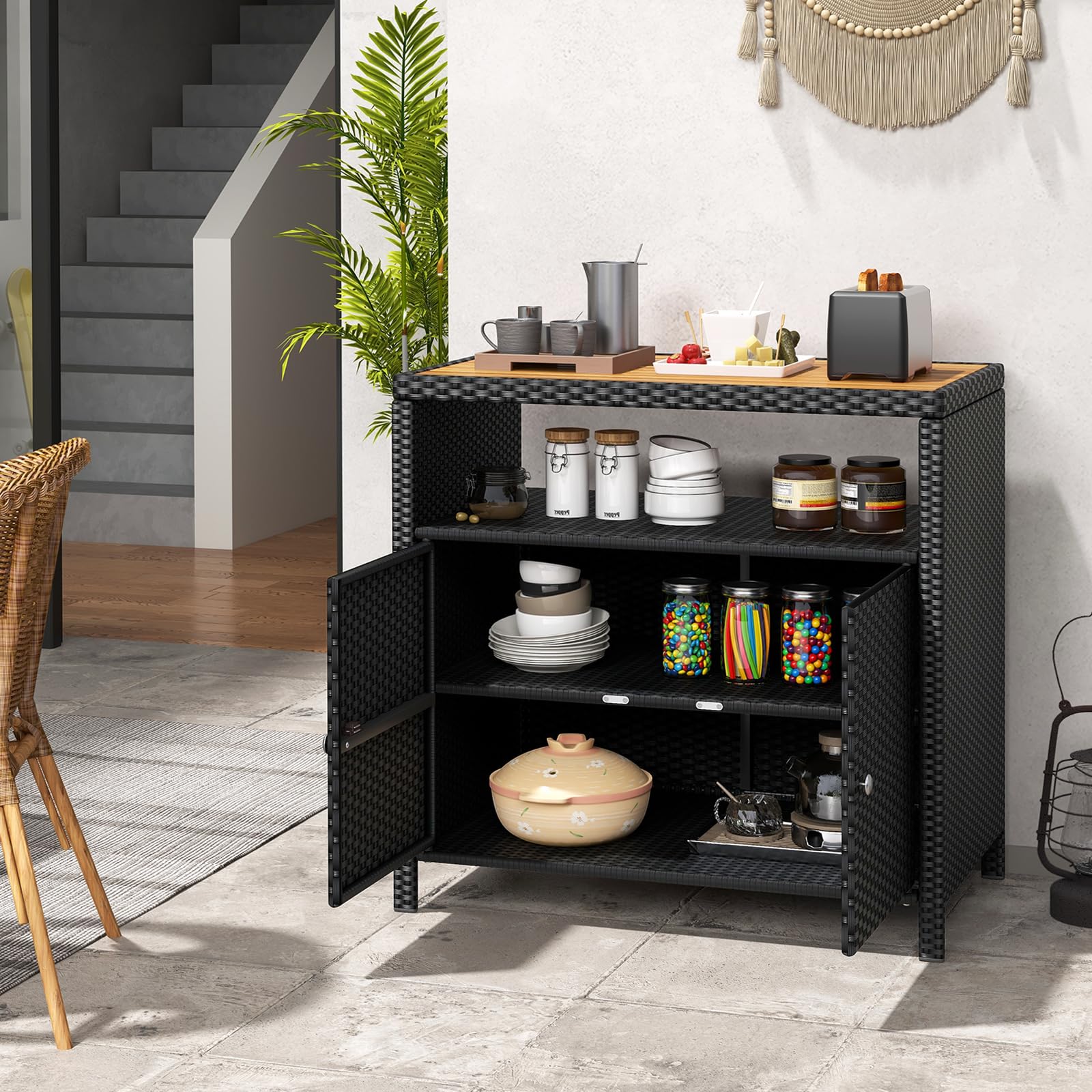 Rattan Outdoor Storage Cabinet with Acacia Wood Top