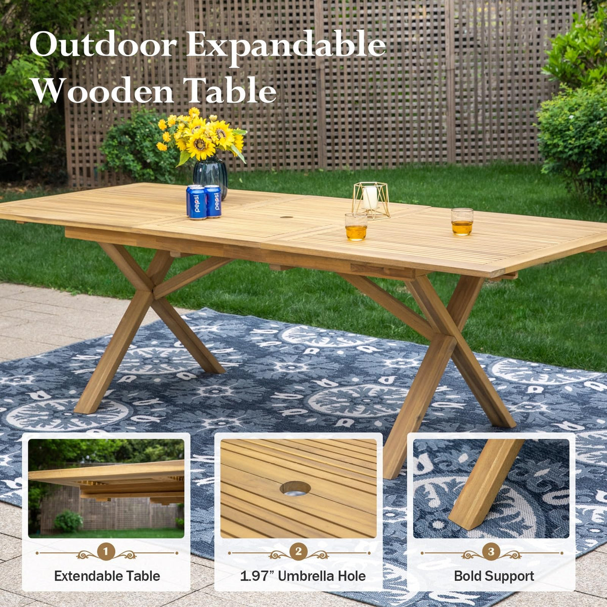 HERA'S HOUSE 9pc Patio Dining Set, Expandable Acacia Wood Table + 8 Chairs